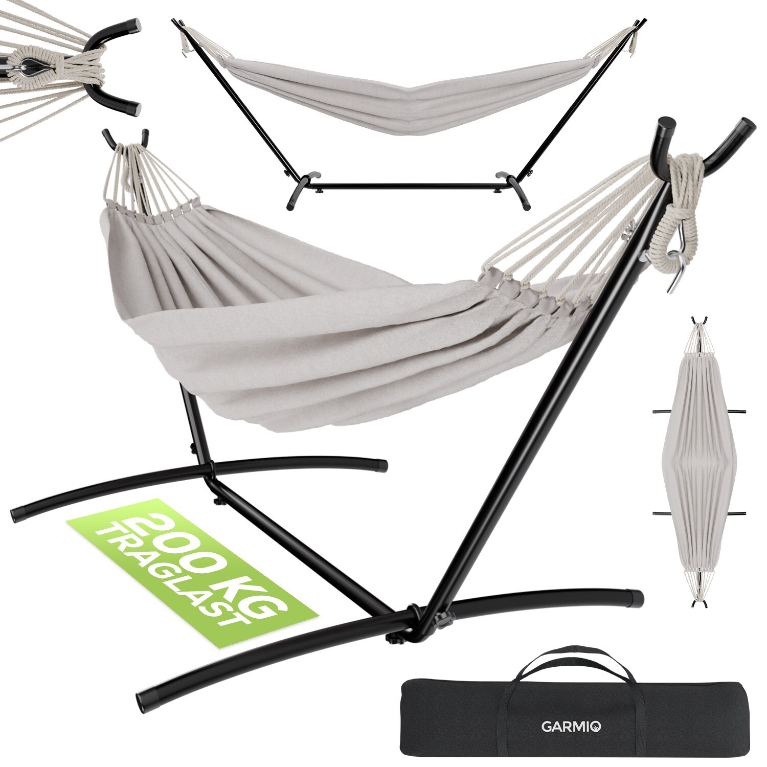 GARMIO&reg; H&auml;ngematte beige mit Stahlgestell 270&nbsp;x&nbsp;110&nbsp;x&nbsp;105&nbsp;cm, 200&nbsp;kg Tragkraft, klappbar, pflegeleicht, inkl. Zubeh&ouml;r & Tragetasche f&uuml;r Garten & Balkon 