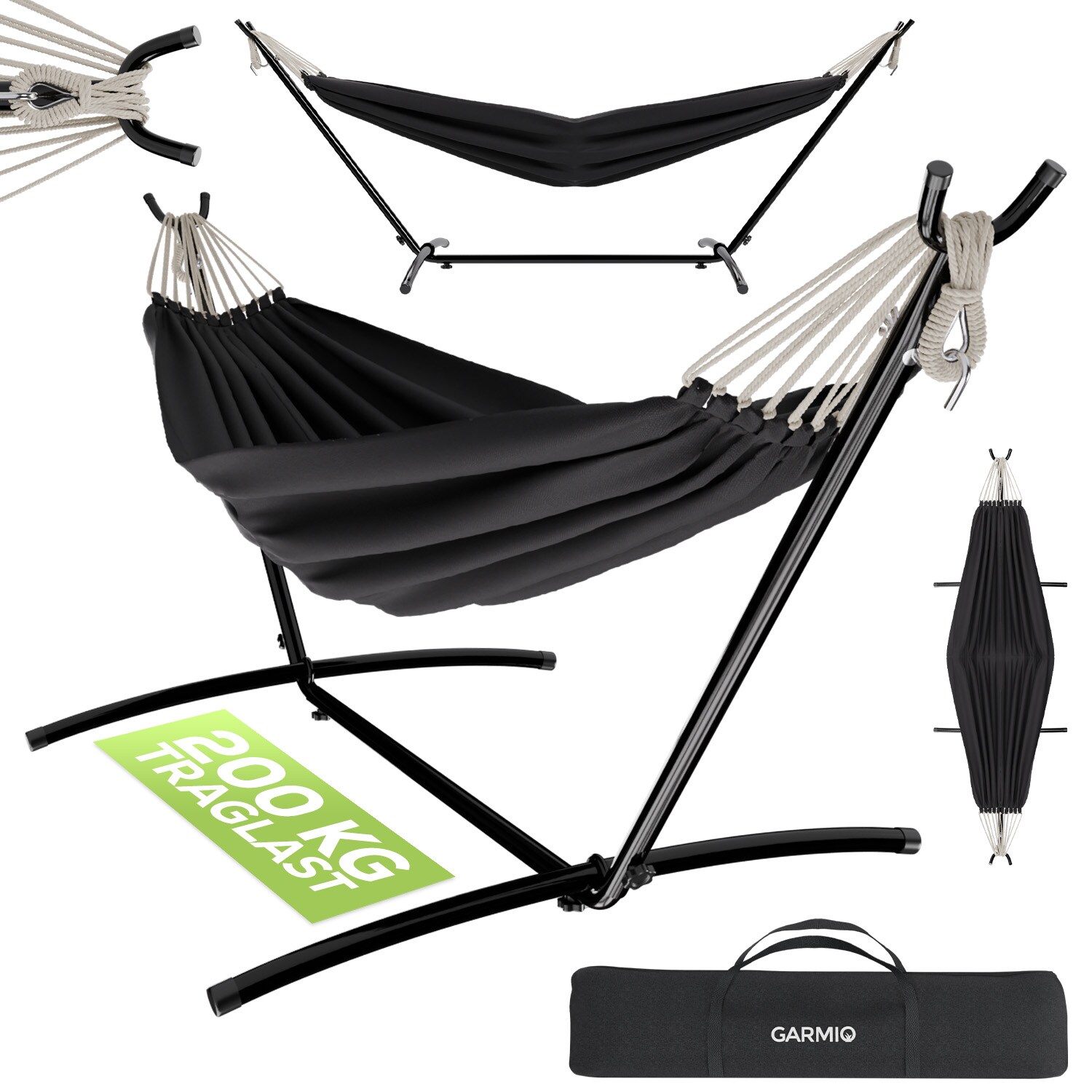 GARMIO&reg; H&auml;ngematte anthrazit 270&nbsp;x&nbsp;110&nbsp;x&nbsp;105&nbsp;cm, Stahlgestell mit Pulverbeschichtung, 200&nbsp;kg Tragkraft, klappbar, inkl. Tragetasche & Montageset 