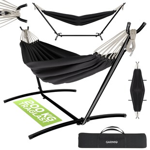 GARMIO® Hängematte anthrazit 270 x 110 x 105 cm, Stahlgestell mit Pulverbeschichtung, 200 kg Tragkraft, klappbar, inkl. Tragetasche & Montageset 