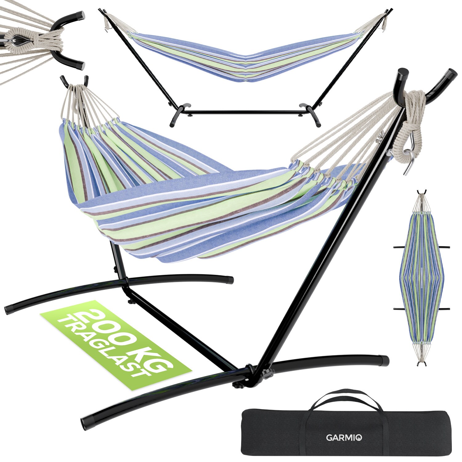 GARMIO&reg; H&auml;ngematte gestreift blau-gr&uuml;n, 270 x 110 cm, klappbar mit Stahlgestell, 200&nbsp;kg Tragkraft, inkl. Tragetasche & Zubeh&ouml;r f&uuml;r Garten oder Balkon 