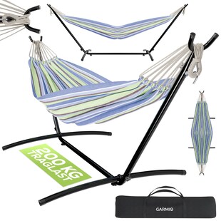 GARMIO® Hängematte gestreift blau-grün, 270 x 110 cm, klappbar mit Stahlgestell, 200 kg Tragkraft, inkl. Tragetasche & Zubehör für Garten oder Balkon 