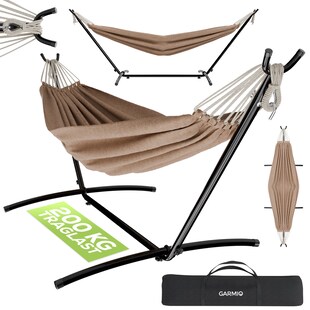 GARMIO® Hängematte braun mit Stahlrohrgestell 270 x 110 x 105 cm, 200 kg Tragkraft, wetterfest, klappbar, inkl. Zubehör & Transporttasche 