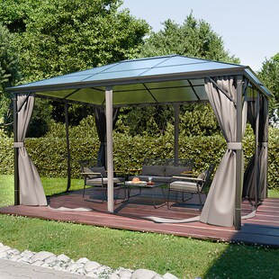 GARMIO® Pavillon 3x4m Garten Überdachung mit Polycarbonat - Dach & Moskitonetz, Seitenteile wasserdicht in anthrazit, mit Metallgestell & Aluminiumrahmen, für Outdoor 
