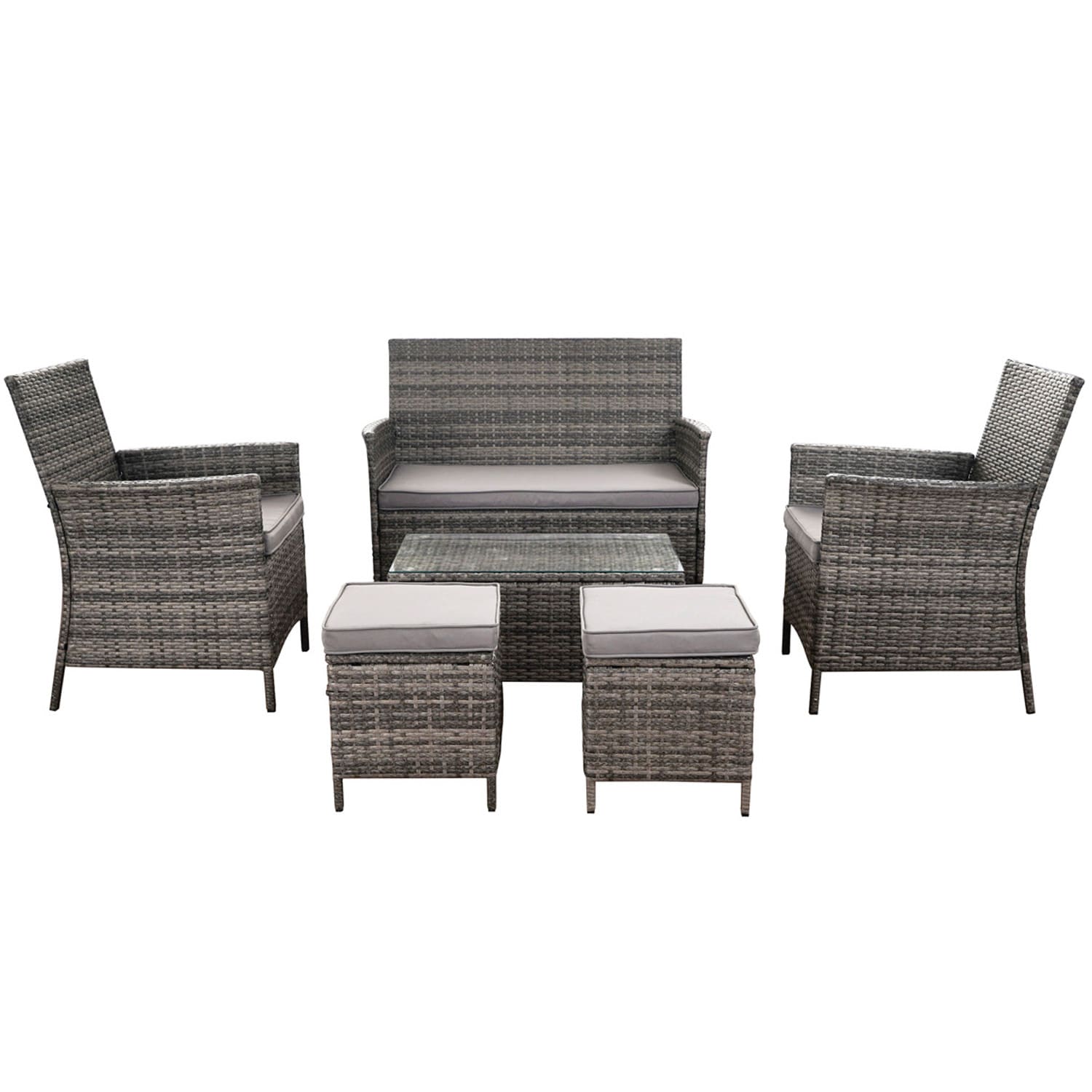 GARMIO&reg; ASTI Rattan Sitzgruppe 6-teilig | Polyrattan Gartenm&ouml;bel Set mit 2 Sesseln, 2 Hockern, Bank&nbsp;+&nbsp;Hartglas-Tisch | wetterfest & wasserabweisende Kissen 