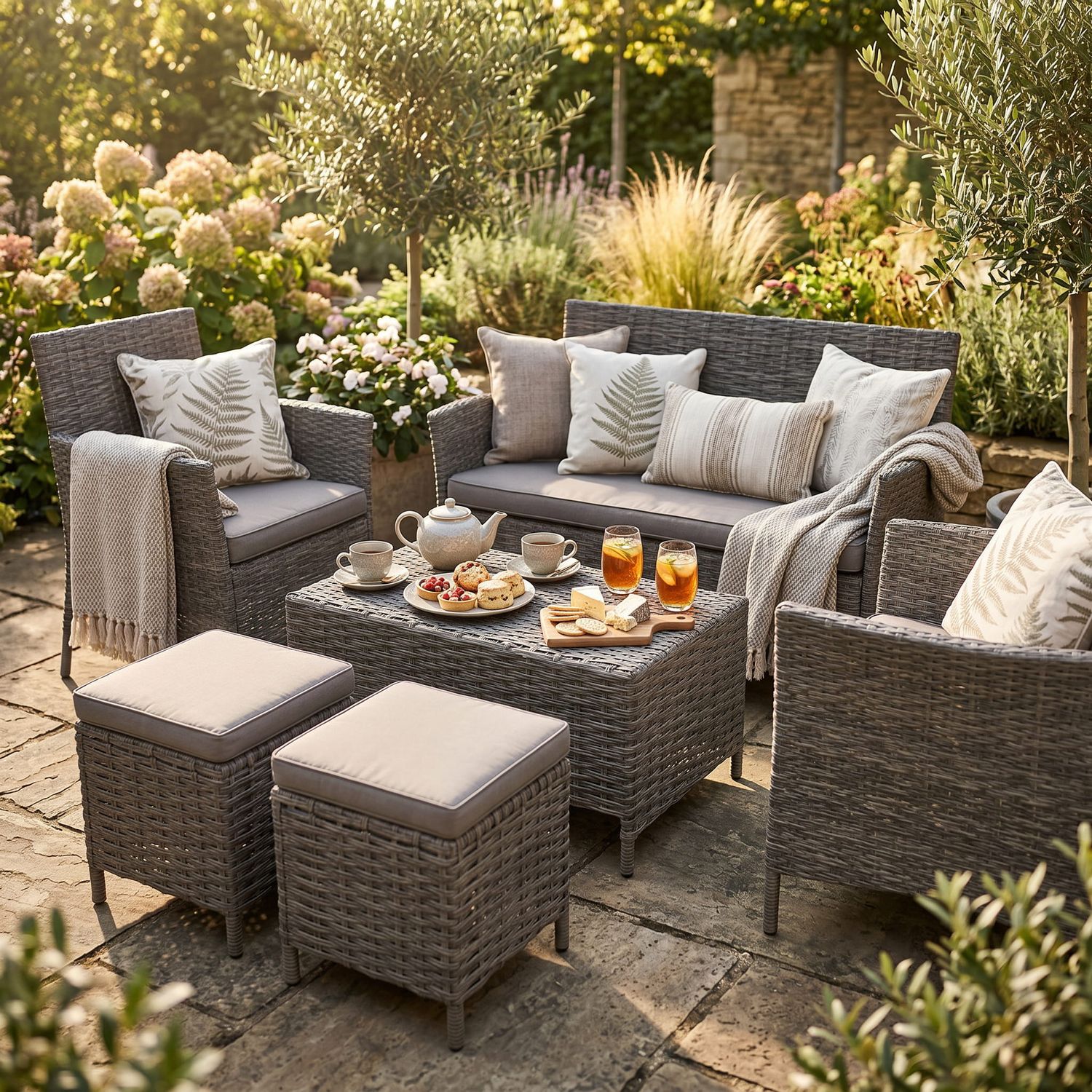 GARMIO® ASTI Rattan Sitzgruppe 6-teilig | Polyrattan Gartenmöbel Set mit 2 Sesseln, 2 Hockern, Bank + Hartglas-Tisch