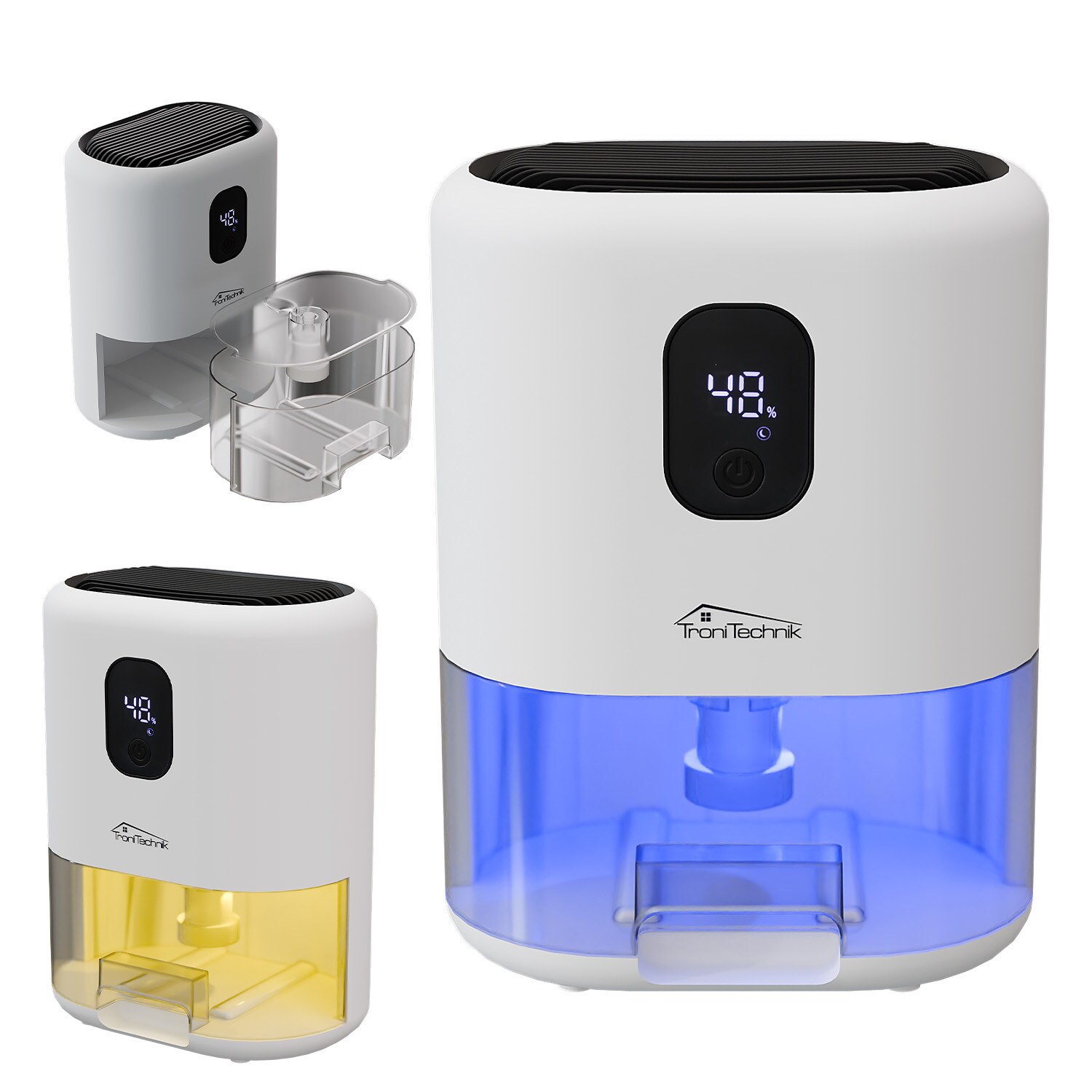 TroniTechnik® Luftentfeuchter EF-02 Mini elektrisch bis /24&nbsp;h, kompakt und leise, 1&nbsp;L Tank, LED-Farblicht, für kleine Räume bis 20&nbsp;m²