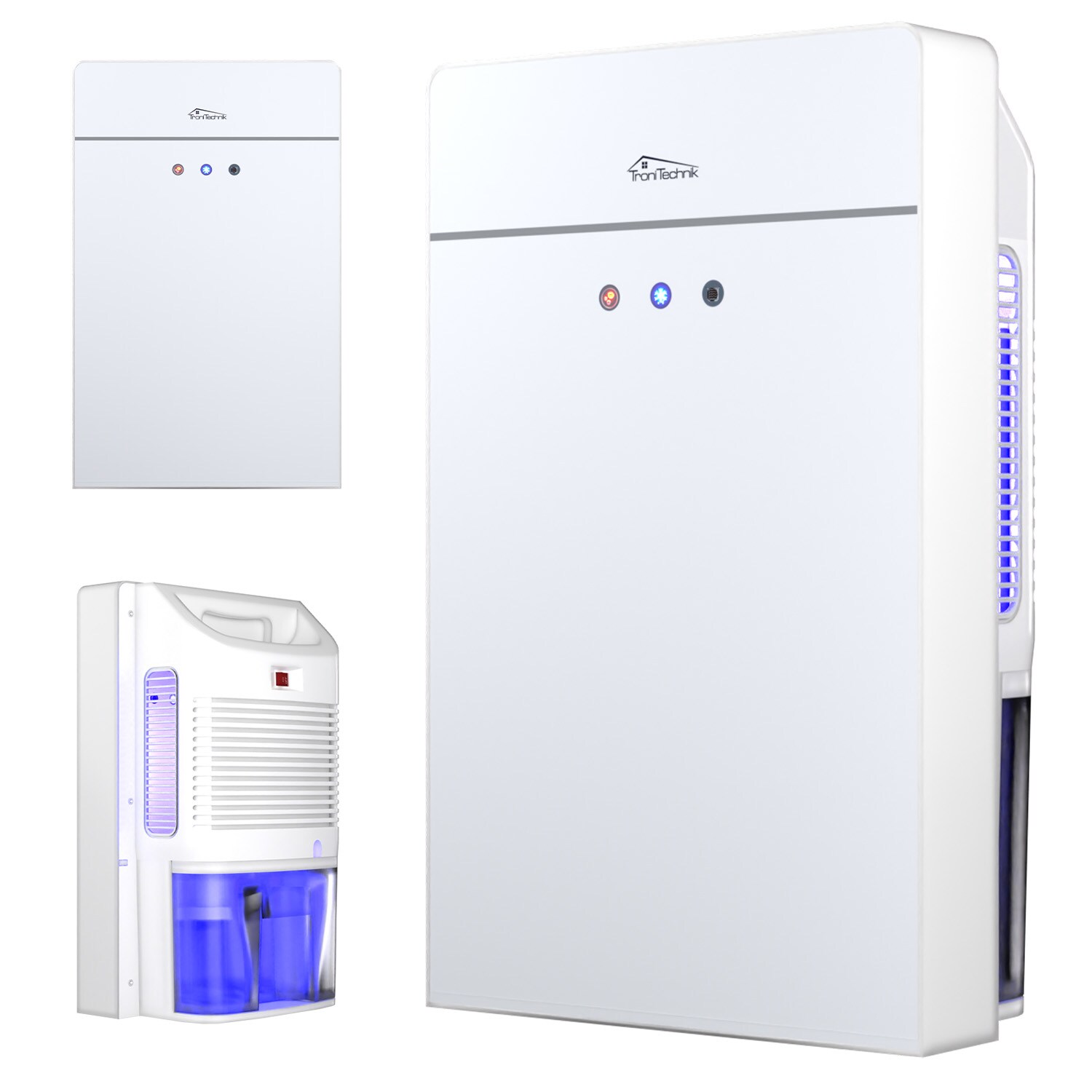 TroniTechnik® Luftentfeuchter EF-03 elektrisch bis /24&nbsp;h, 2,2&nbsp;L Tank, Glasfront, Abtautomatik, leise, mit Schlauchanschluss, für Räume bis 30&nbsp;m²