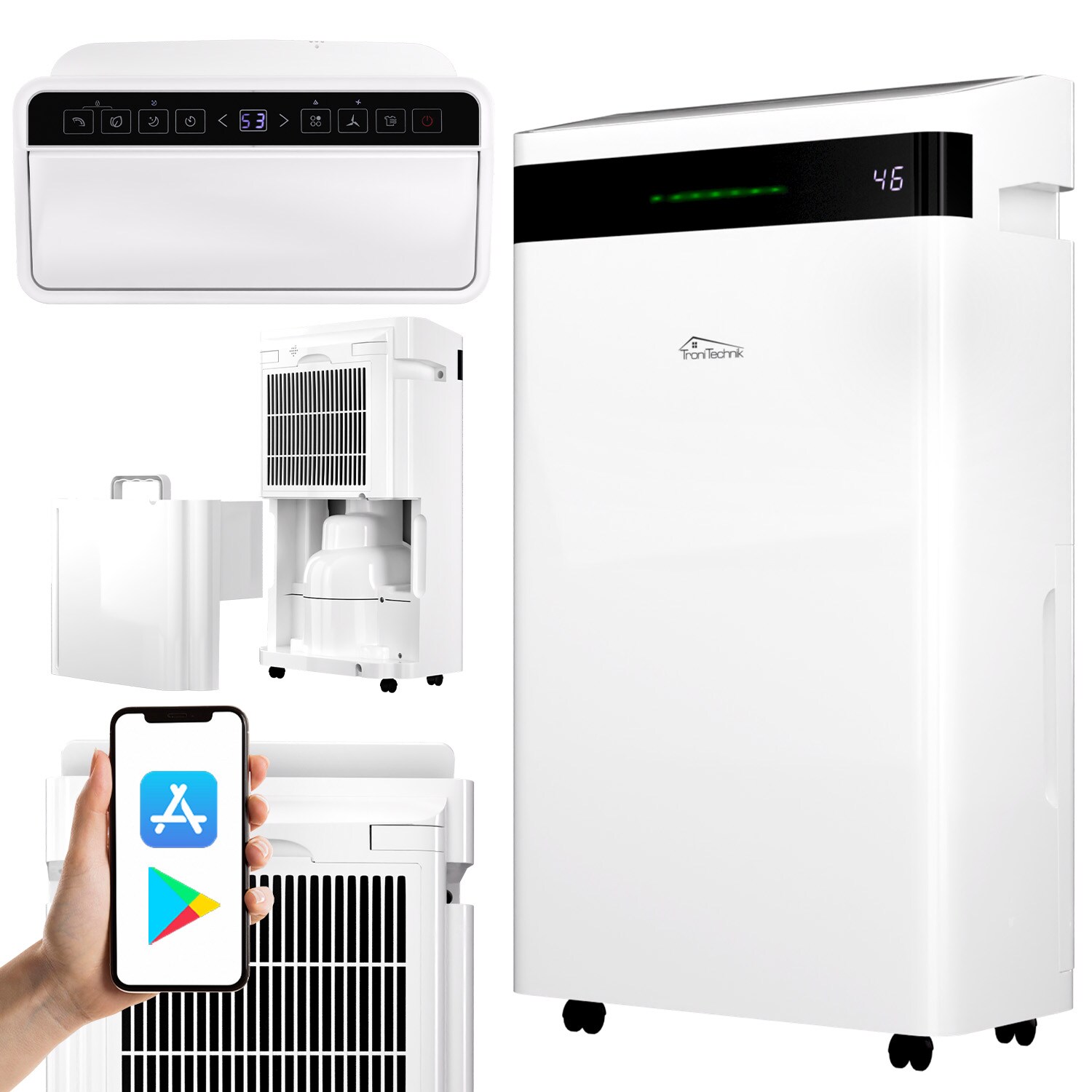 TroniTechnik® Luftentfeuchter TT-EF 04.1, WiFi steuerbar, /24h, 5,5&nbsp;l Tank, Kompressor, Auto-Swing, Timer, Farb-LED, Ionisator, für Räume bis 30&nbsp;m²
