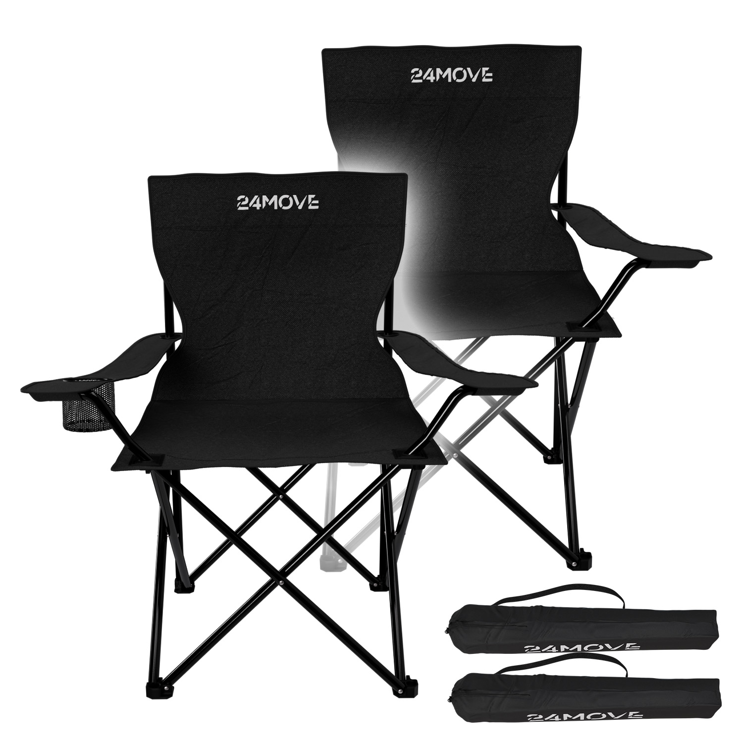 24MOVE&reg; Campingstuhl Faltstuhl, 2er Set, schwarz, mit Getr&auml;nkehalter und Tragetasche Outdoor, faltbar max. 100kg, Anglerstuhl, Klappstuhl 