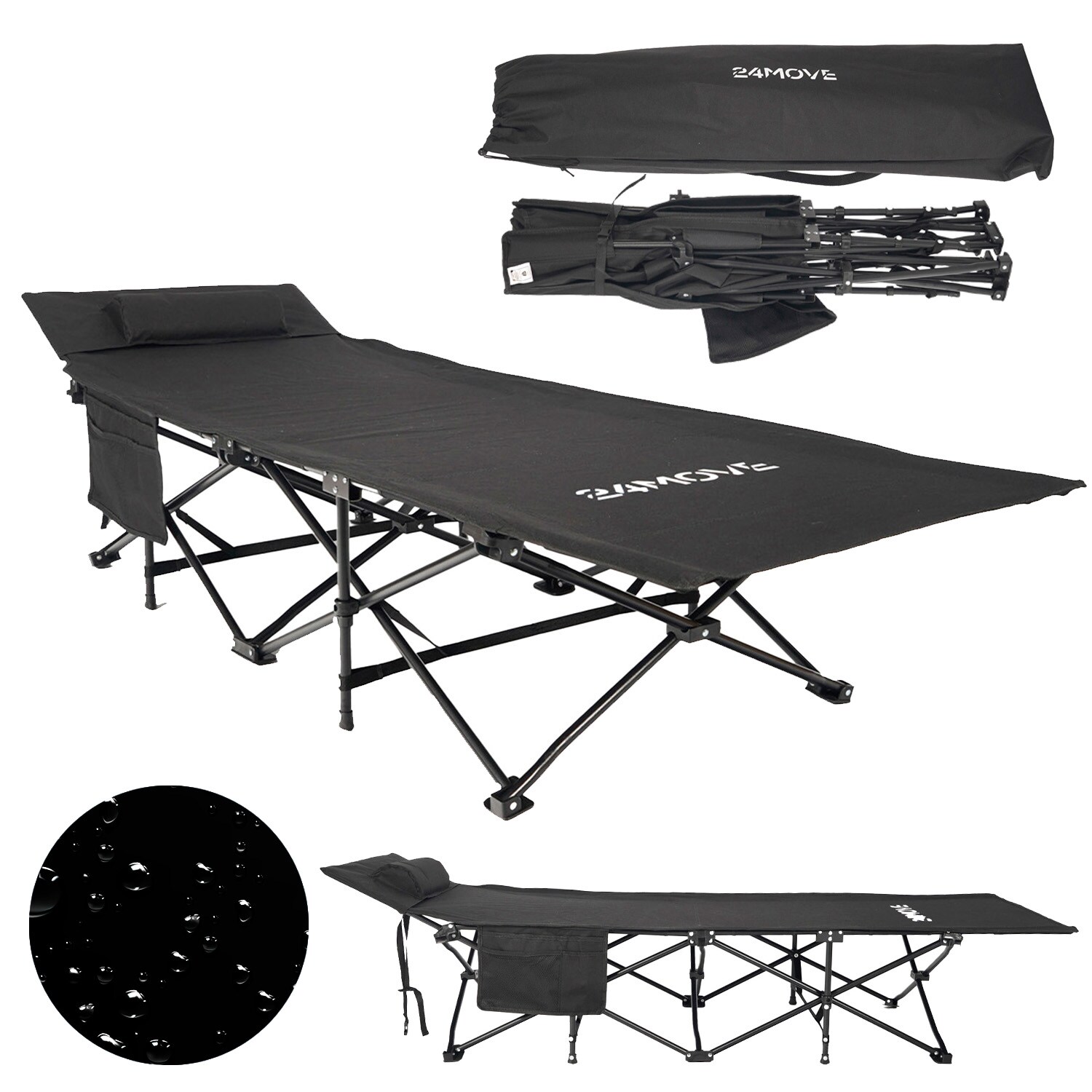 24MOVE&reg; Feldbett Campingbett bis 150 kg In-und Outdoor Camping faltbar mit Seitentasche und Kissen 