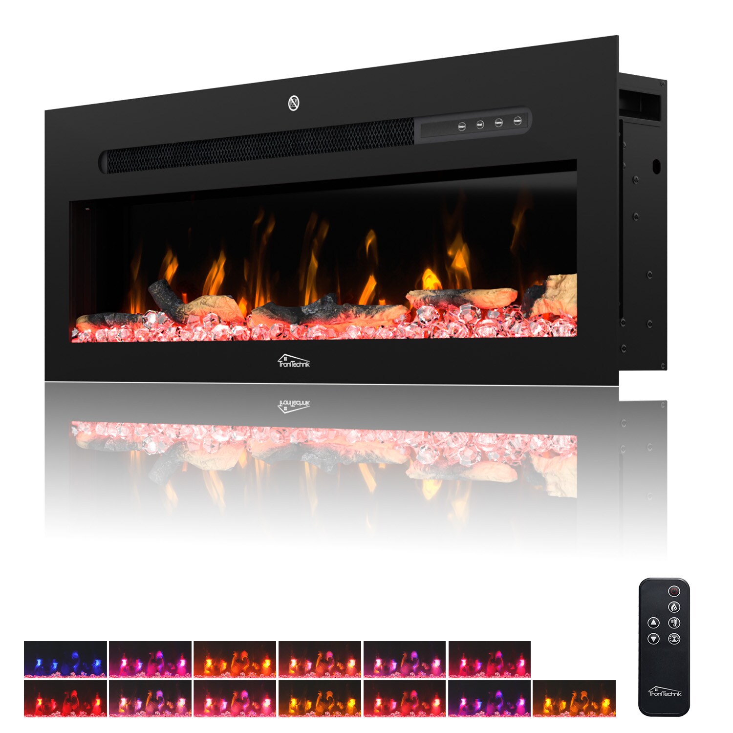 TroniTechnik® Wandkamin elektrisch, Panorama Elektrokamin Schwarz mit LED Flammeneffekt, 900/1800W Heizleistung, dimmbar, App-Steuerung, Fernbedienung, Timer, Kristalle