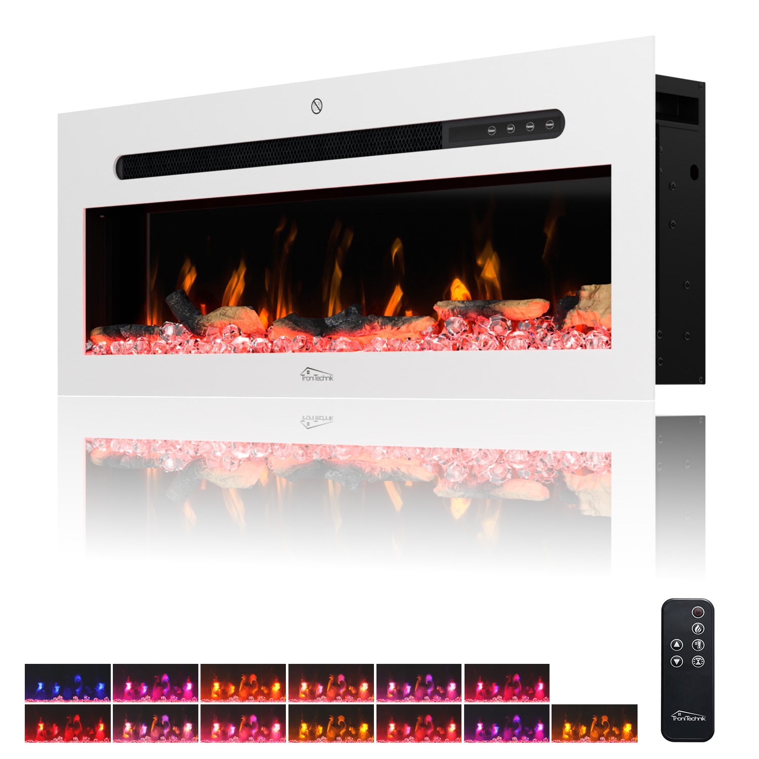 TroniTechnik Wandkamin Panorama Elektrokamin LED Flammeneffekt Elektrisch Timer 12 Farben inkl. Kristalle 900/1800W wei&szlig; 