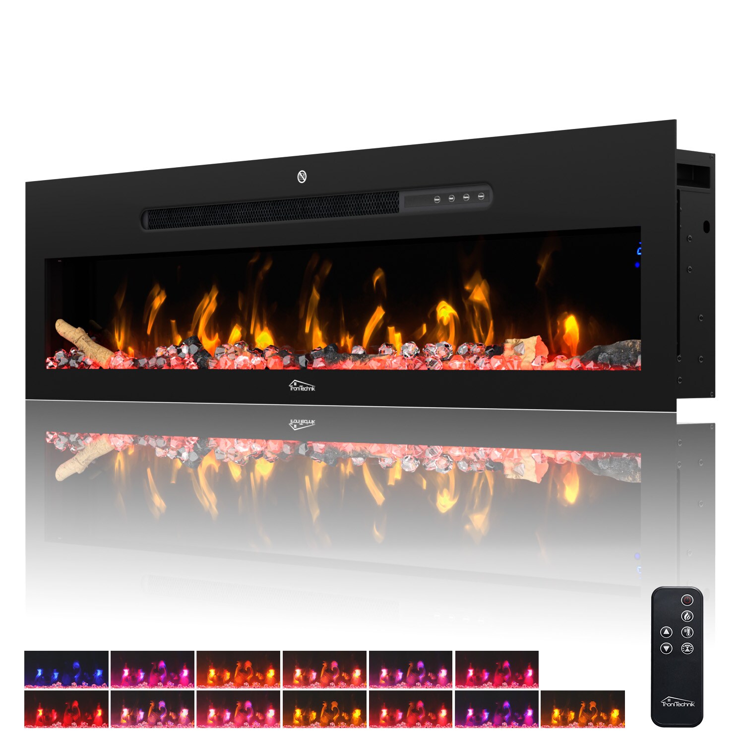 TroniTechnik® Wandkamin elektrisch, Panorama Elektrokamin Schwarz mit LED Flammeneffekt, 900/1800W Heizleistung, dimmbar, App-Steuerung, Fernbedienung, Timer, Kristalle