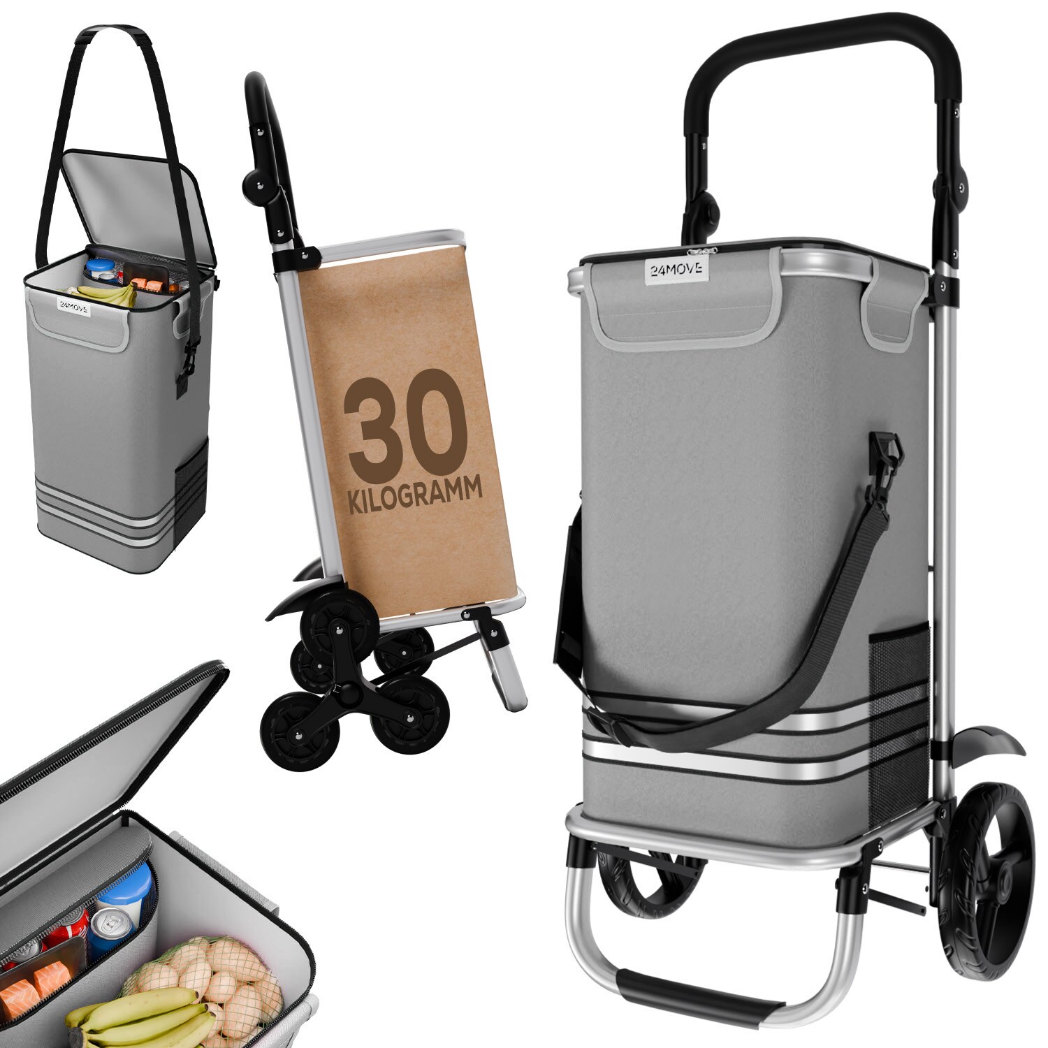 24MOVE&reg; Einkaufstrolley VEHLO 3in1 Trolley faltbarer Einkaufswagen mit K&uuml;hlfach, grau 