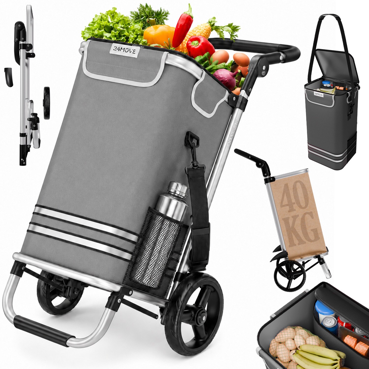 ® Einkaufstrolley VEHLO 3in1 Trolley faltbarer Einkaufswagen mit Kühlfach, grau