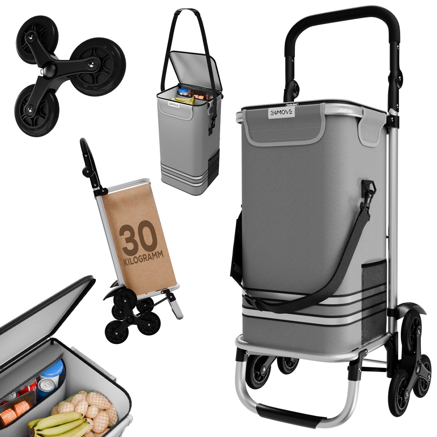24MOVE&reg; Einkaufstrolley ALEGRE 3in1 Trolley faltbarer Einkaufswagen mit K&uuml;hlfach, grau 