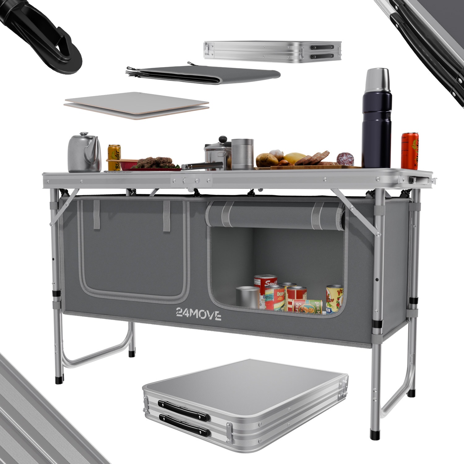 24MOVE&reg; Campingk&uuml;che PRAIA faltbar, Alu Outdoork&uuml;che mit Arbeitsplatte und Stauf&auml;chern inkl. Tragetasche, h&ouml;henverstellbar 