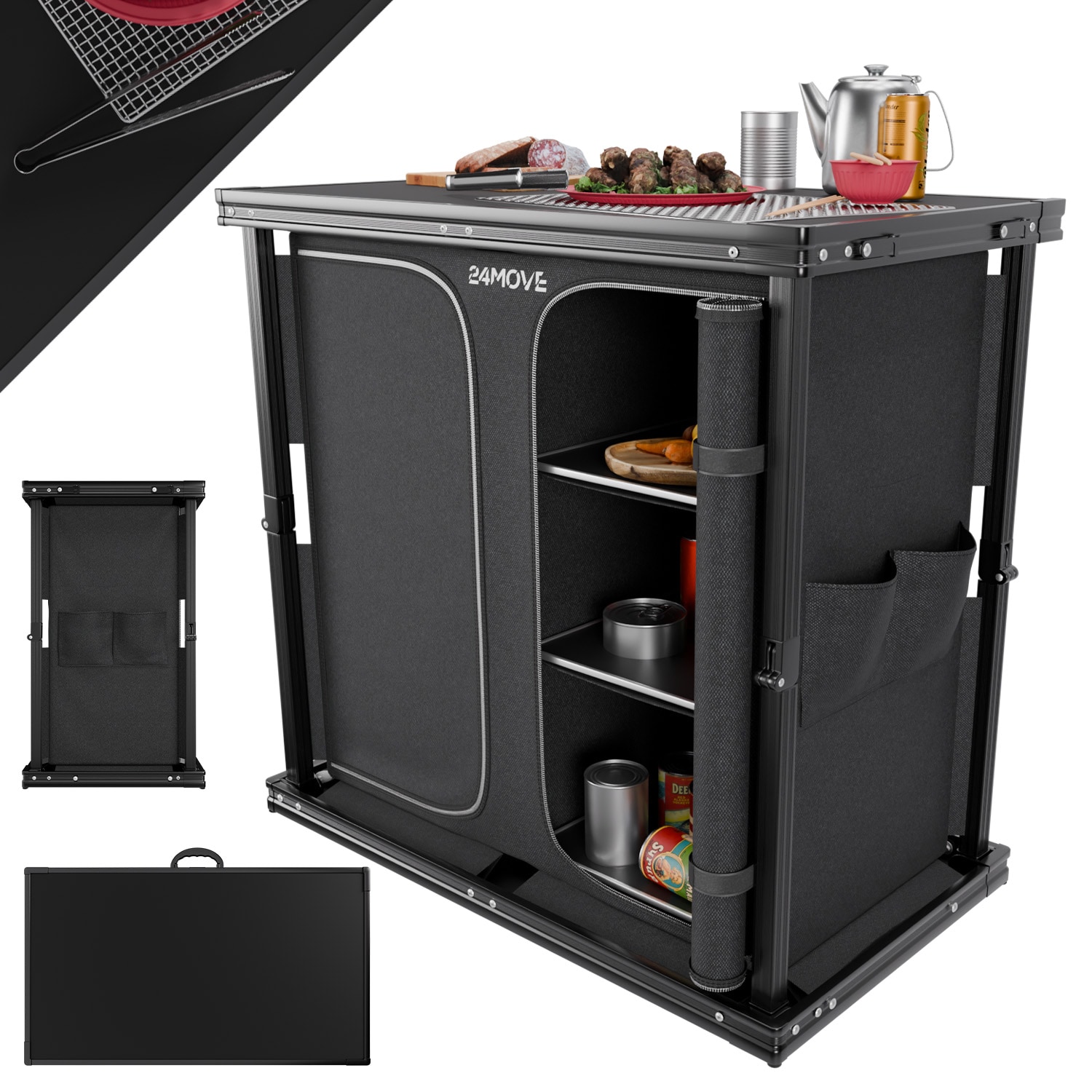 24MOVE&reg; Campingk&uuml;che AVERSA faltbar, Aluminium Reisek&uuml;che mit Arbeitsplatte, Stauf&auml;chern & stabilem Gestell f&uuml;r Camping 