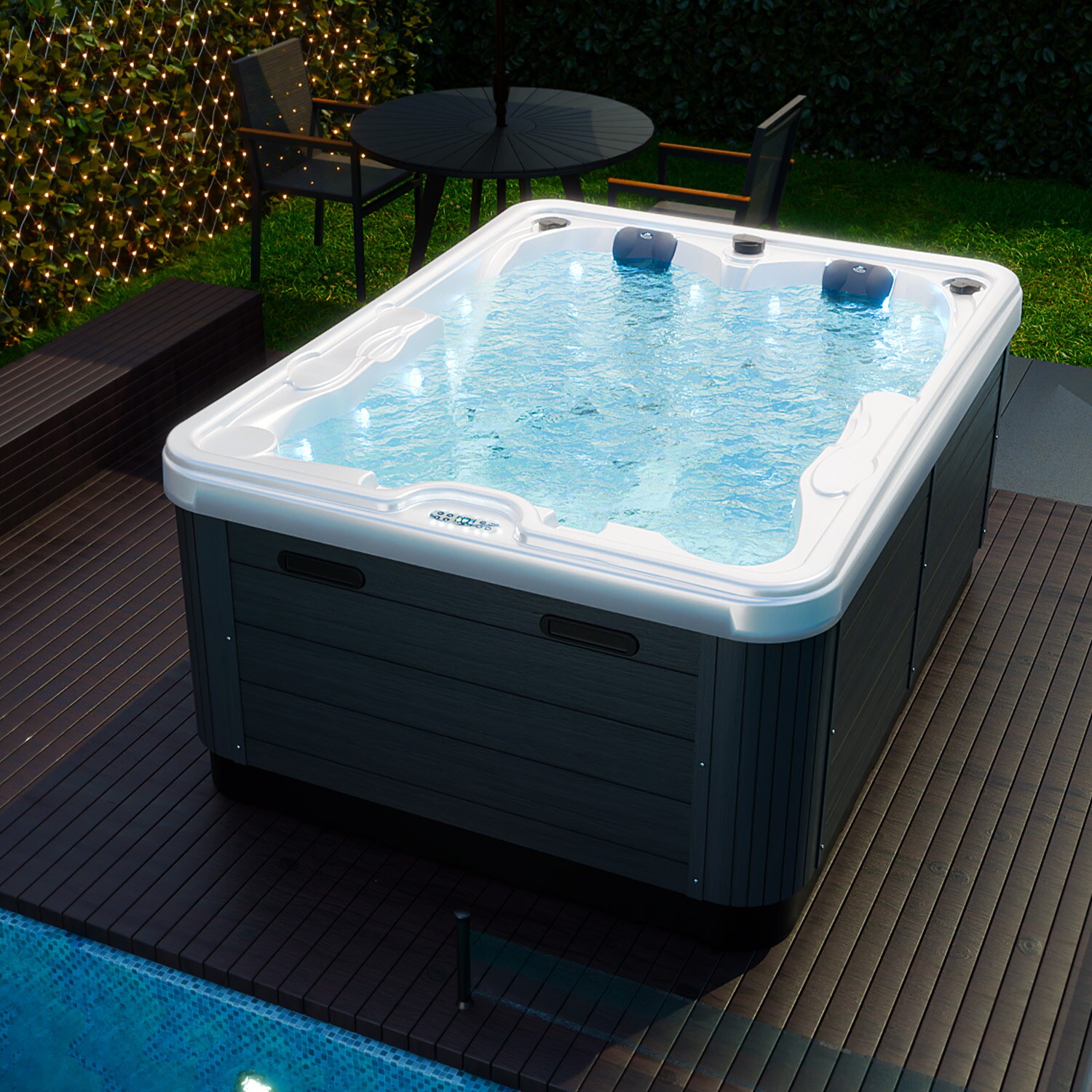 Outdoor Whirlpool, 2 Personen, aus Sanit&auml;racryl, winterfest isoliert, Joyonway Spa, Massaged&uuml;sen, Liegepl&auml;tze, LED, 620 Liter 