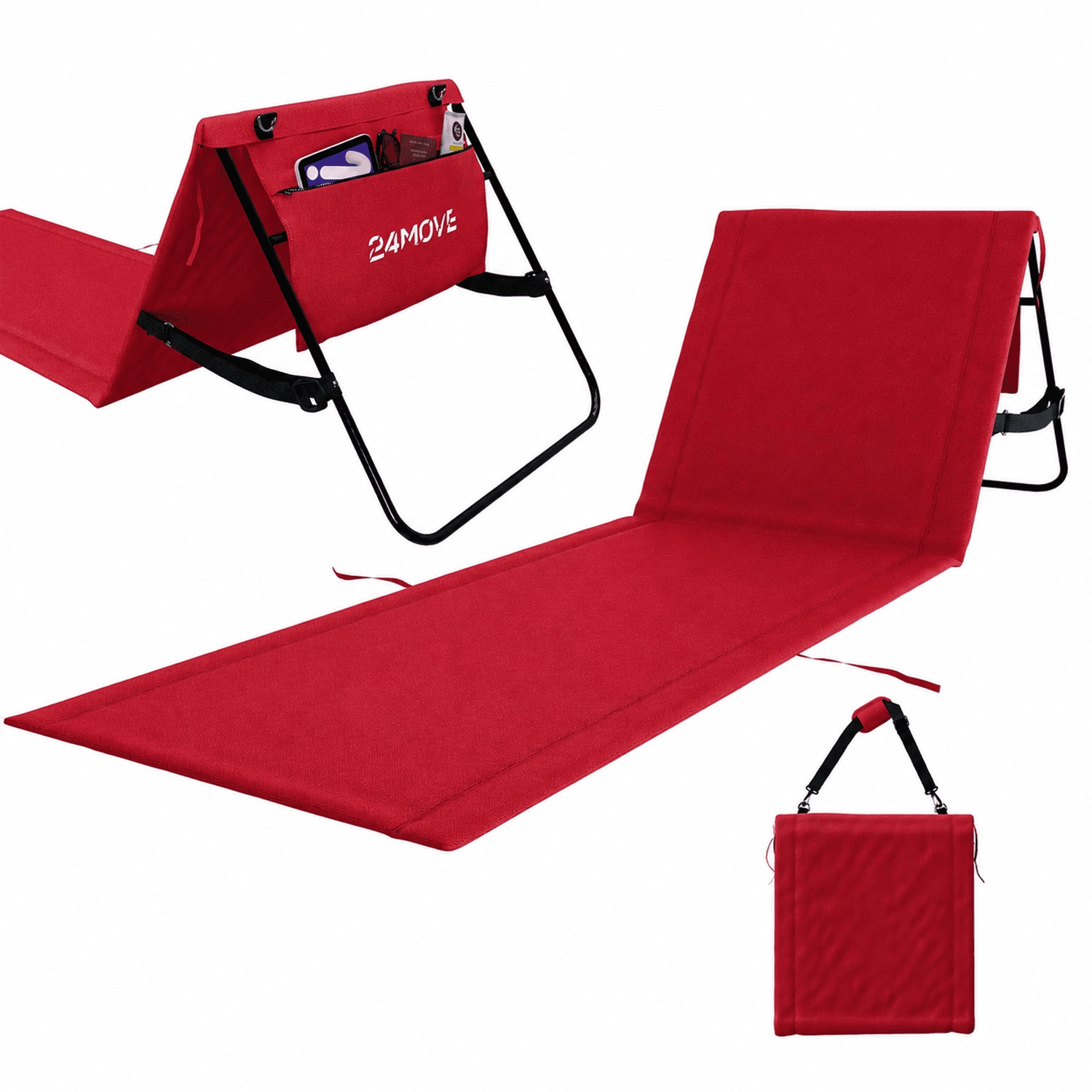 24MOVE&reg; Strandmatte 1er Set klappbar mit R&uuml;ckenlehne, Strandliege mit Gurt, tragbar f&uuml;r Strand und Garten, Liegematte rot 