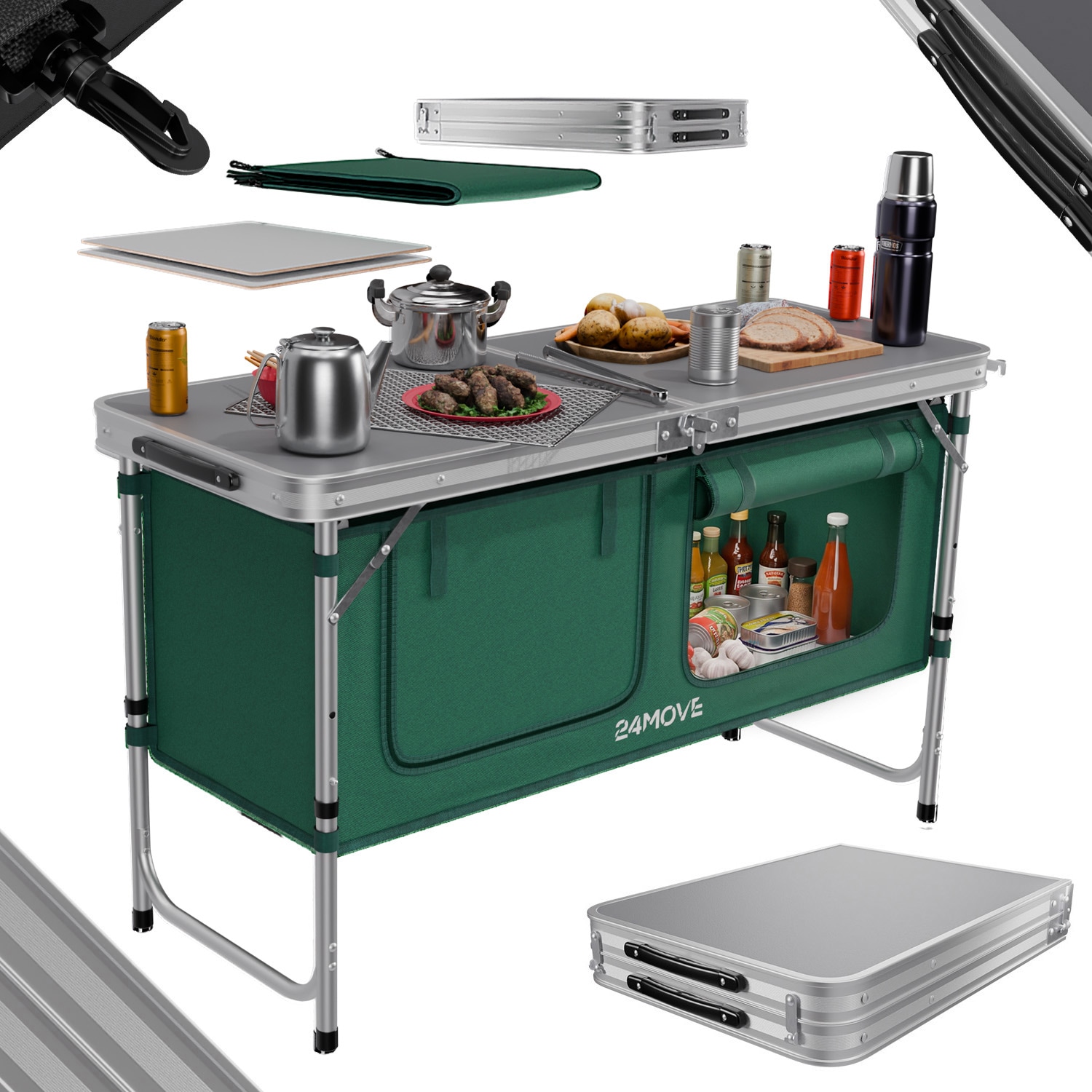 24MOVE&reg; Campingk&uuml;che PRAIA faltbar, Alu Outdoork&uuml;che mit Arbeitsplatte und Stauf&auml;chern, h&ouml;henverstellbar 