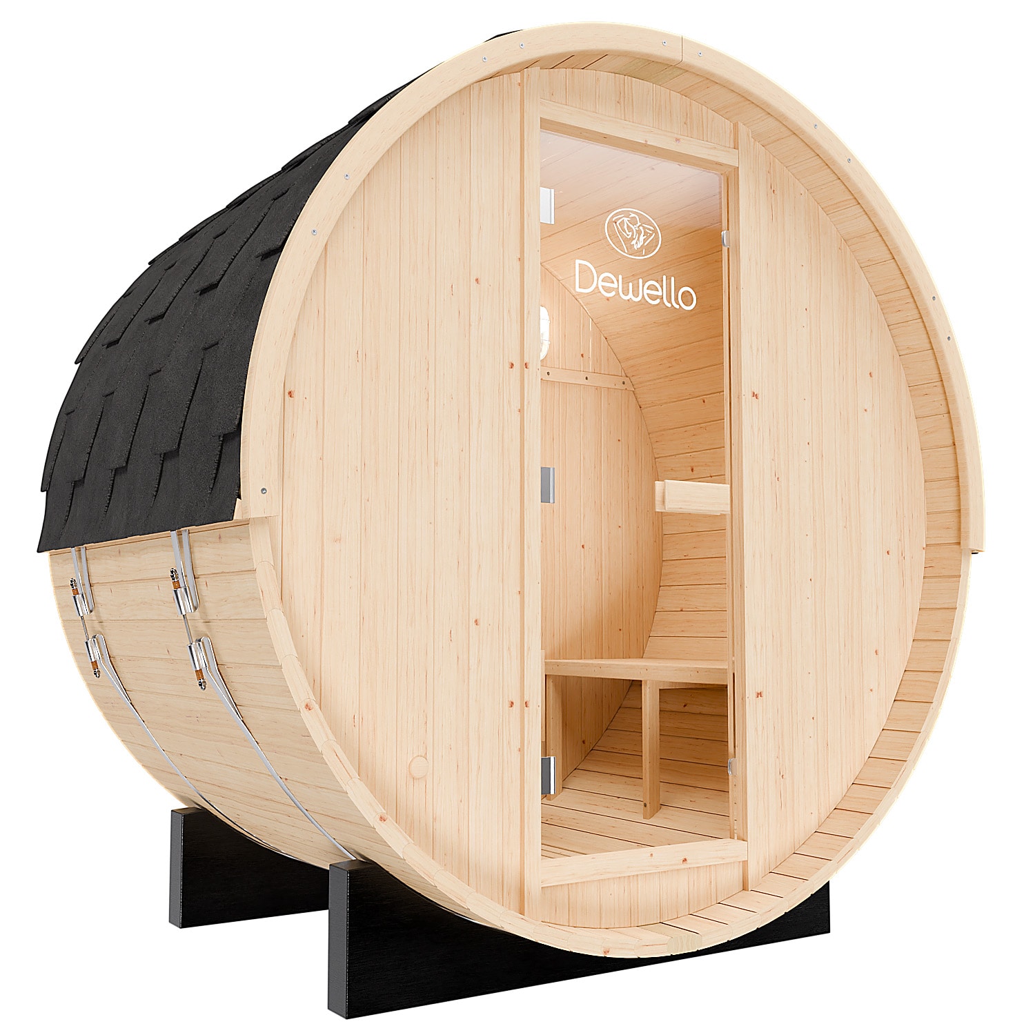 Dewello&reg; Outdoor Fasssauna Bay, ca. 200 cm x 135 cm x 200 cm Fichtenholz - inkl. Saunaofen und Saunazubeh&ouml;r I Gartensauna, Au&szlig;ensauna, Sauna Fass f&uuml;r 3 Personen 