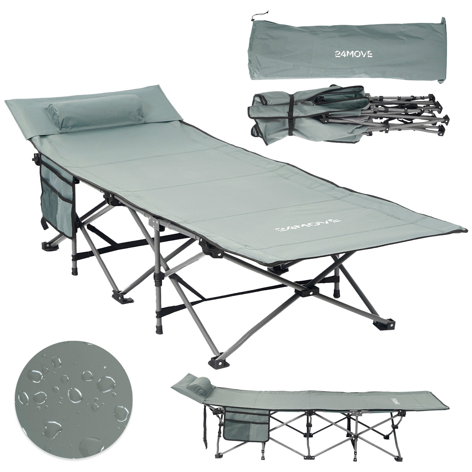 24MOVE&reg; Feldbett Campingbett bis 250 kg In-und Outdoor Camping faltbar mit Seitentasche und Kissen 