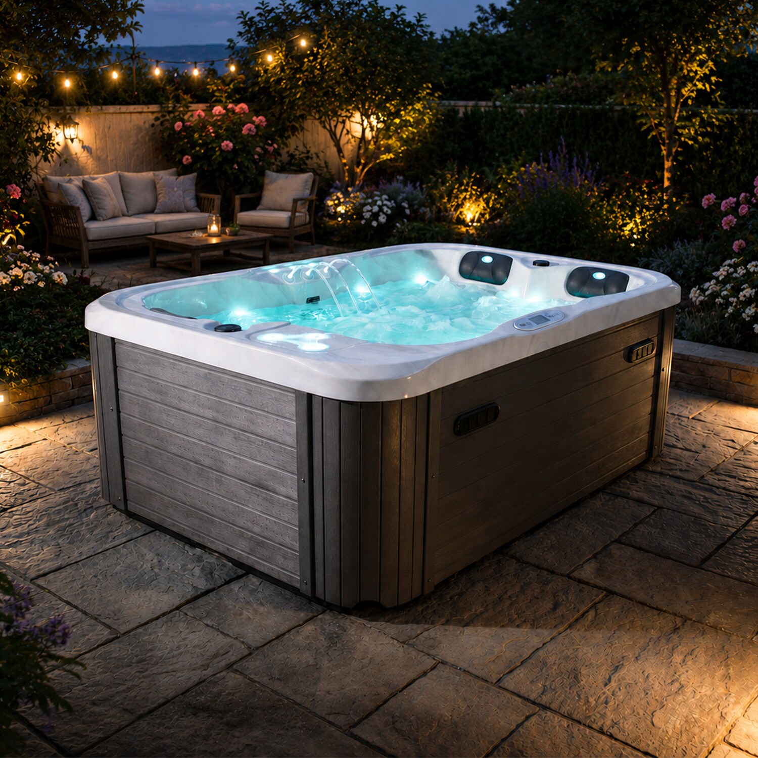 TroniTechnik® Outdoor Whirlpool Spa TINO PRO mit Isolierung Weiß Silber Marmoriert 195cm x 127cm inkl. Thermoabdeckung & Treppe