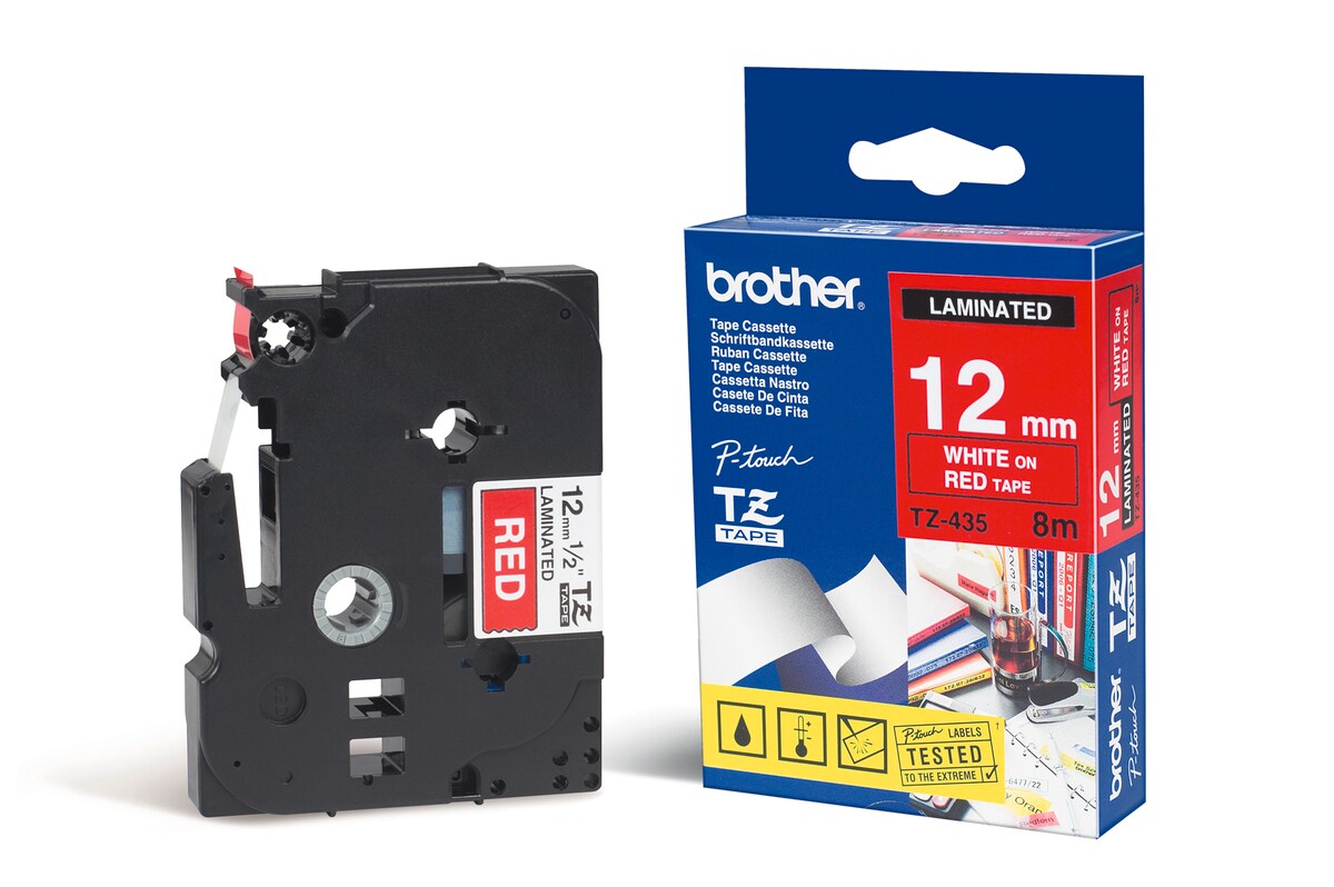 Schriftband TZe-435 (lam.) Wei&szlig; auf Rot BxL 12mm x 8m 