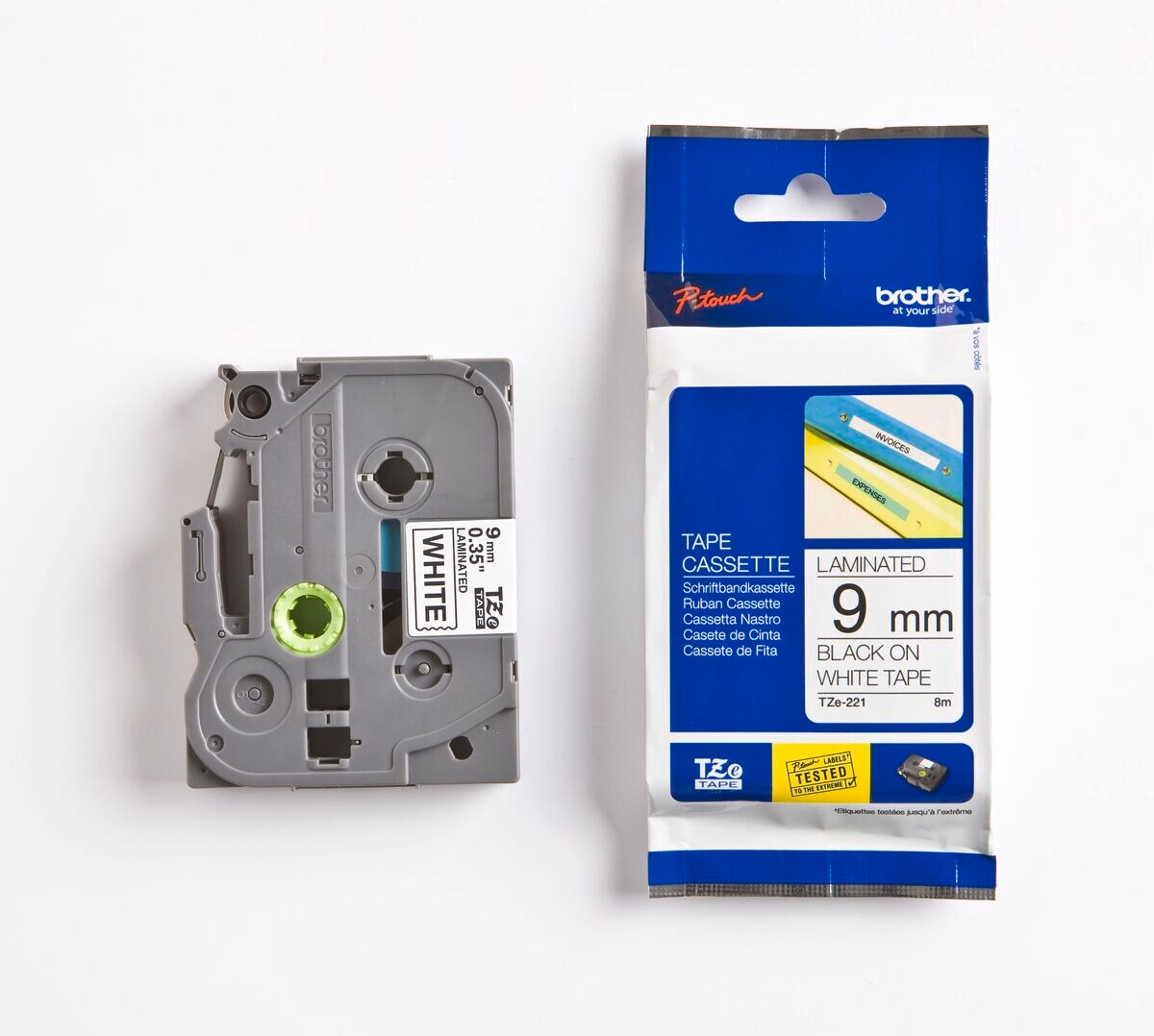 Schriftband TZe-221 (lam.) Schwarz auf Wei&szlig; BxL 9mm x 8m 
