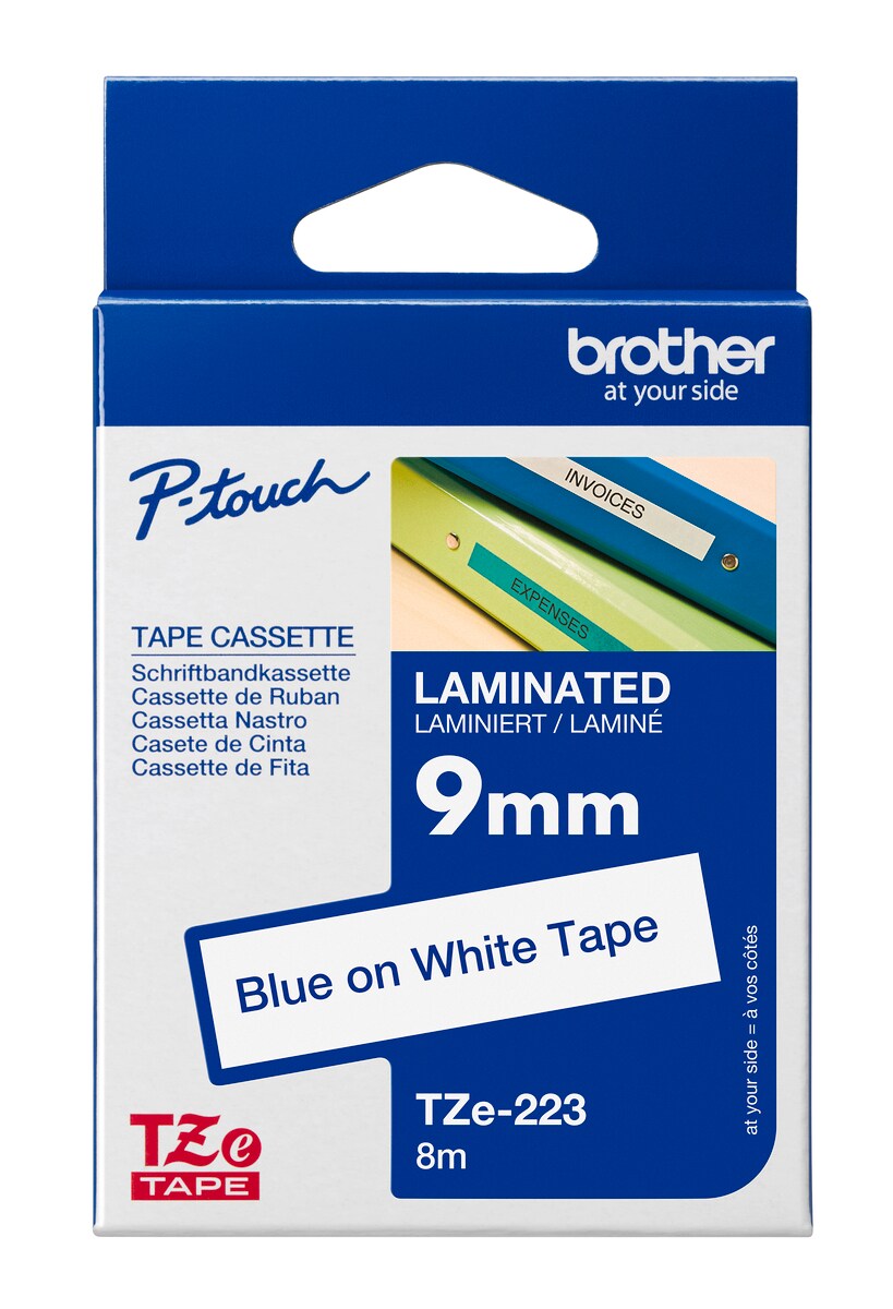 Schriftband TZe-223 (lam.) Blau auf Wei&szlig; BxL 9mm x 8m 