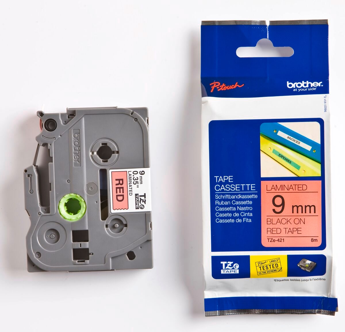 Schriftband TZe-421 (lam.) Schwarz auf Rot BxL 9mm x 8m 