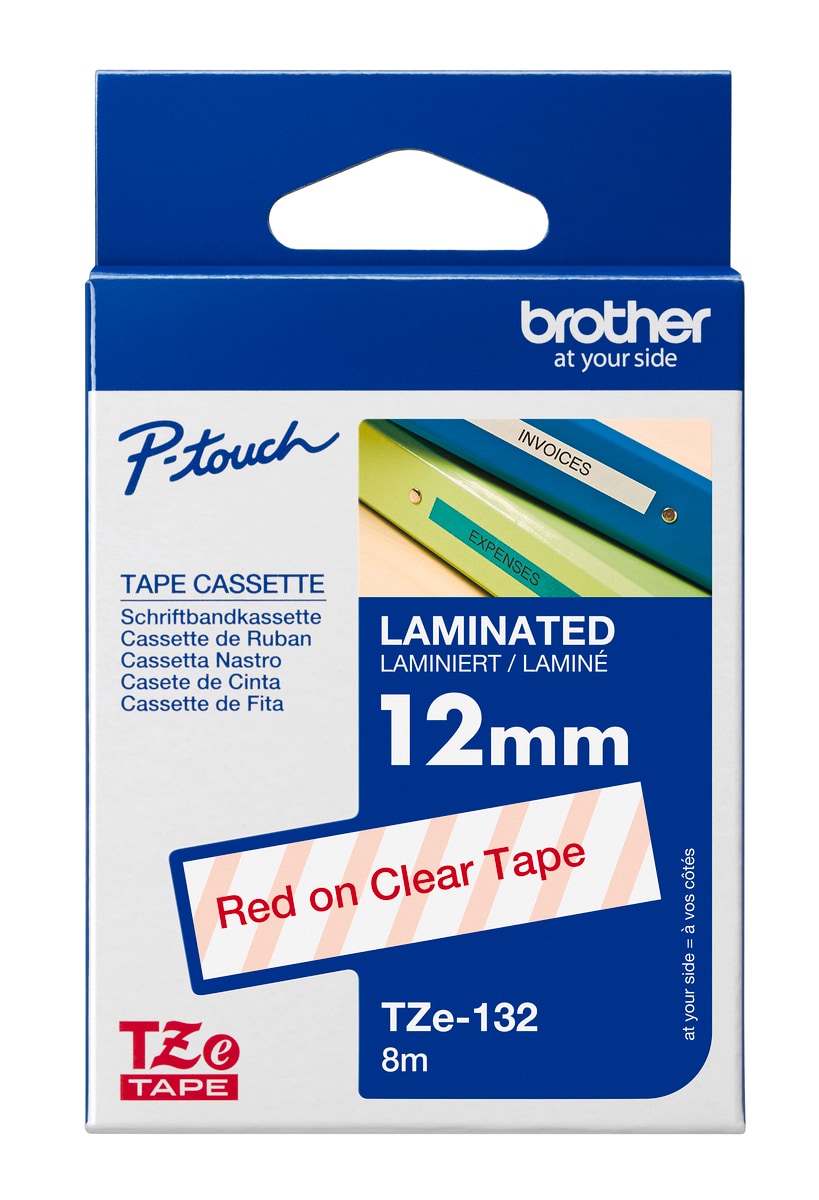 Schriftband TZe-132 (lam.) Rot auf Transparent 12mm x 8m 