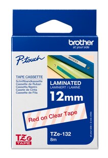 Schriftband TZe-132 (lam.) Rot auf Transparent 12mm x 8m 