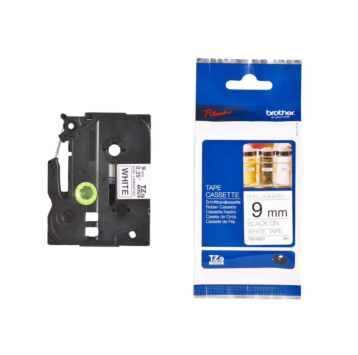 Schriftband TZe-N221 (nicht lam.) Schwarz auf Wei&szlig; 9mm x 8m 
