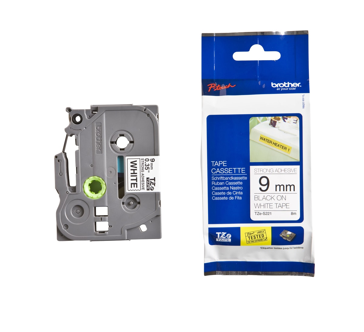 Schriftband TZe-S221 (extra st.) Schwarz auf Wei&szlig; 9mm x 8m 
