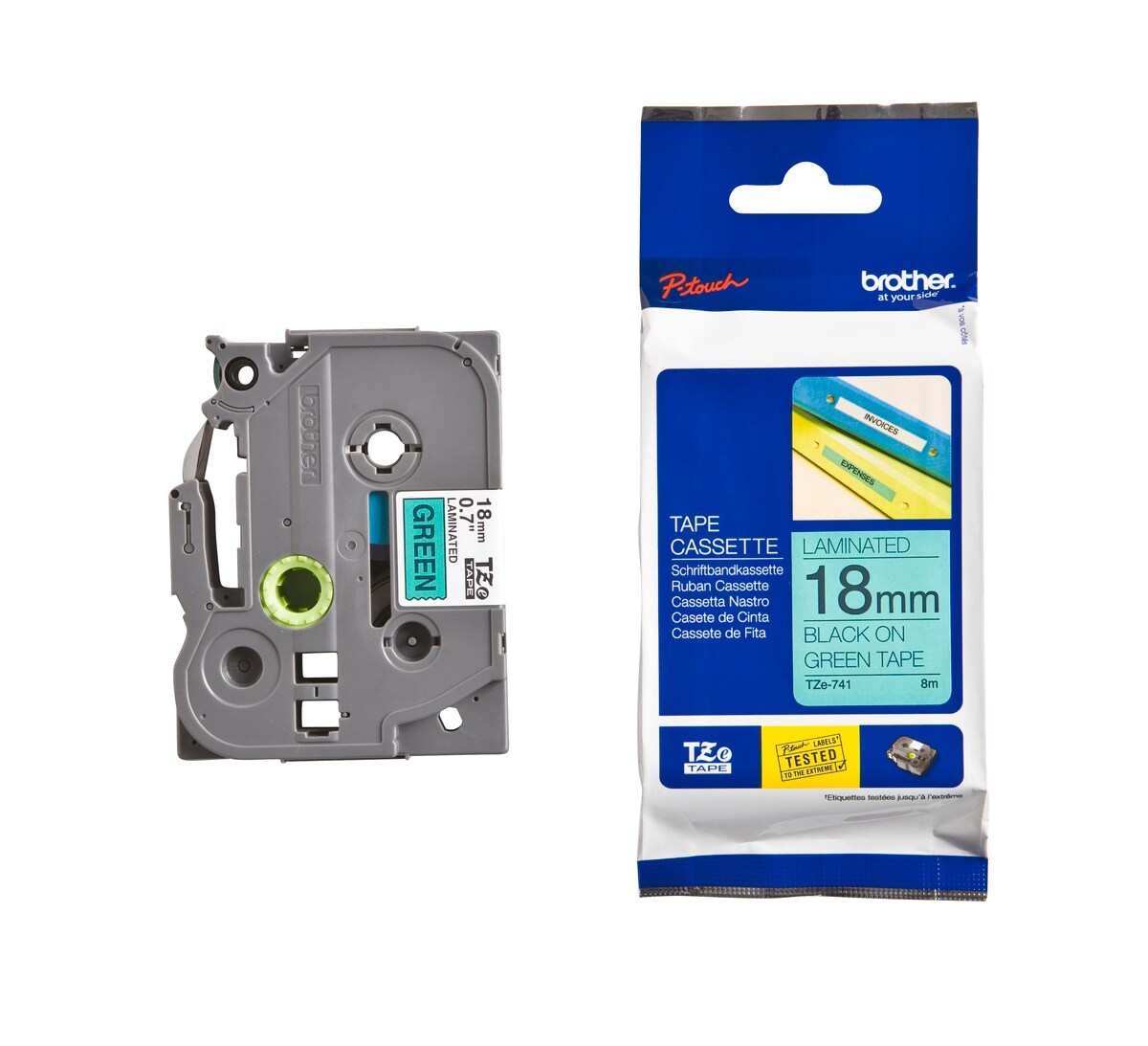 Schriftband TZe-741 (lam.) Schwarz auf Gr&uuml;n 18mm x 8m 