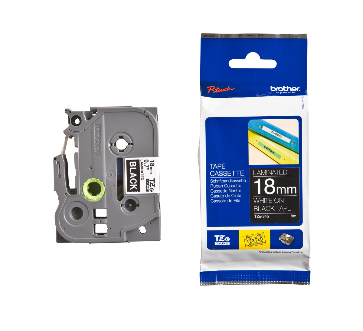 Schriftband TZe-345 (lam.) Wei&szlig; auf Schwarz 18mm x 8m 