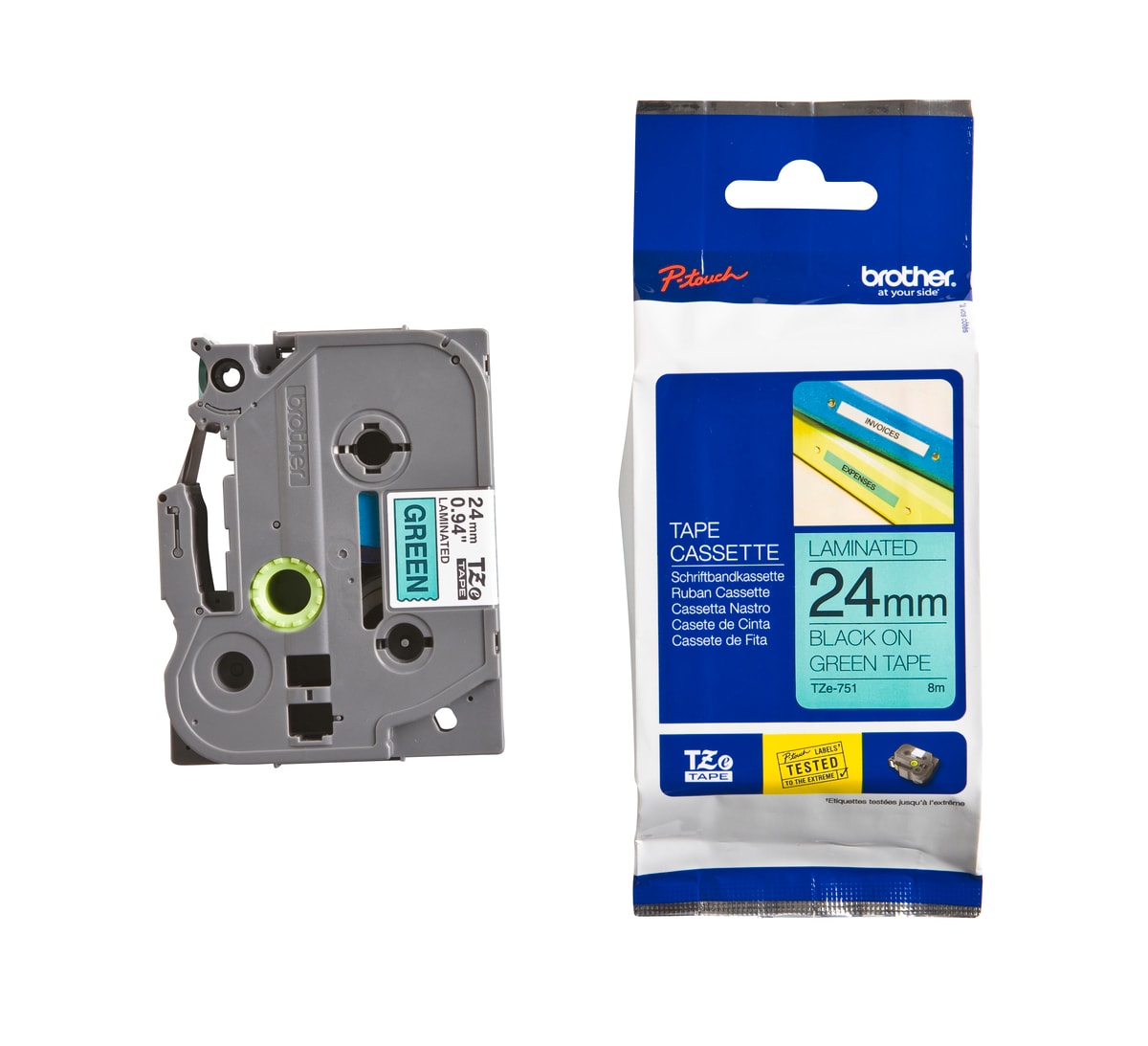Schriftband TZe-751 (lam.) Schwarz auf Gr&uuml;n 24mm x 8m 