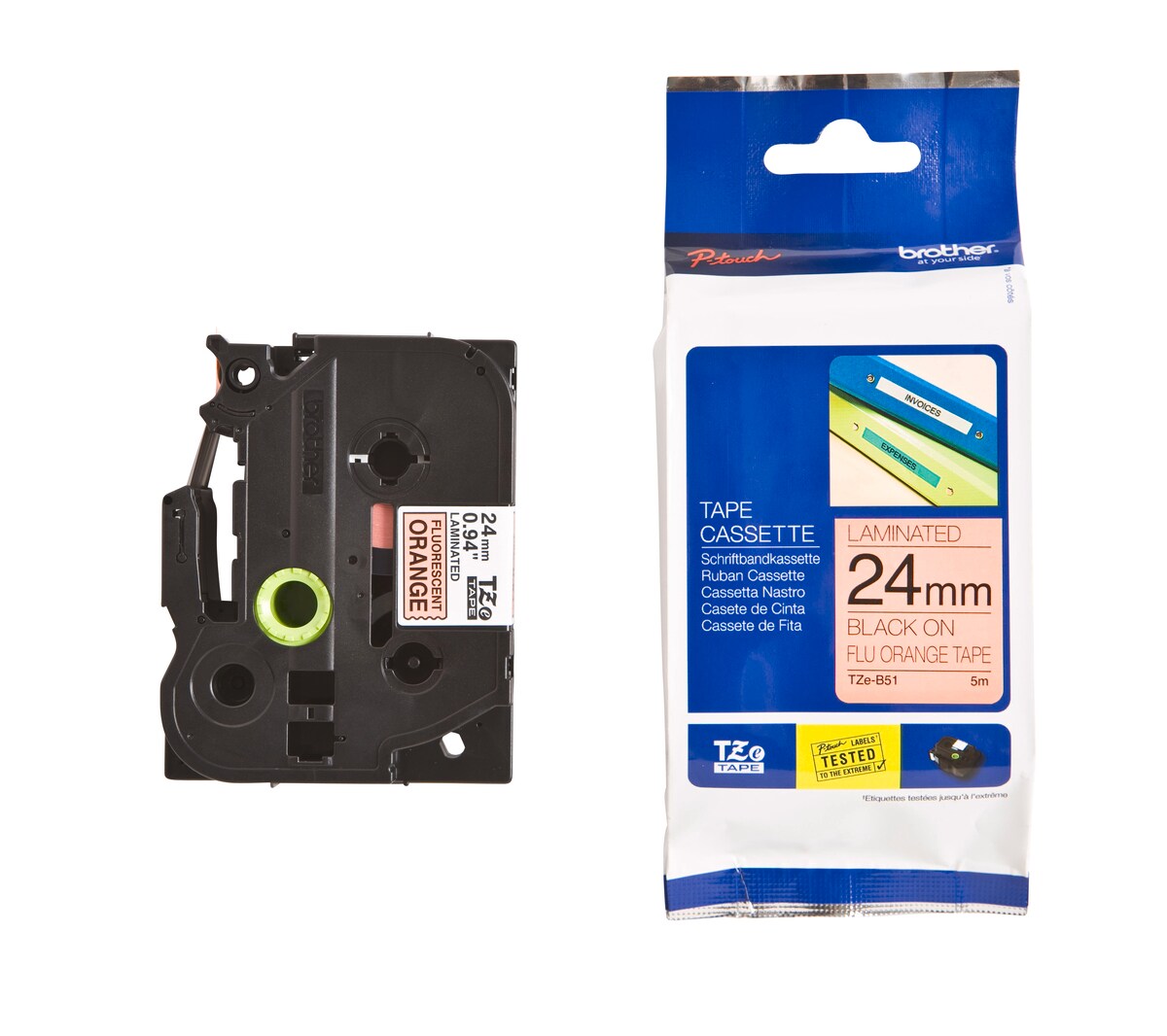 Schriftband TZe-B51 (lam.) Schwarz auf Signalorange 24mm x 5m 