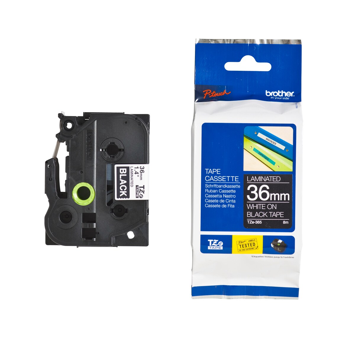 Brother Schriftband TZe-365 (lam.) Wei&szlig; auf Schwarz 36mm x 8m 