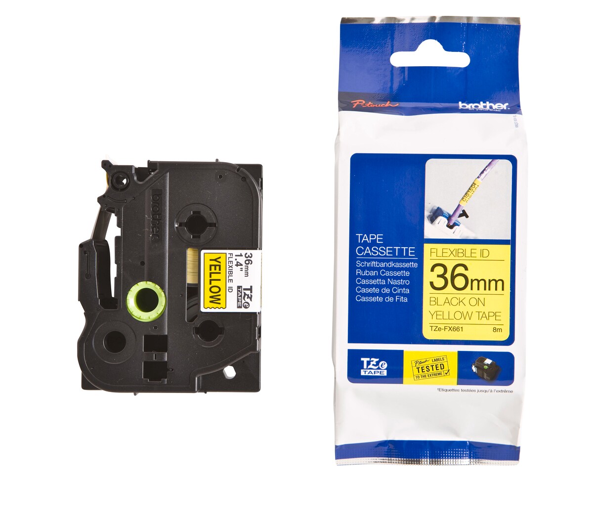 Schriftband TZe-FX661 (lam., flex.) Schwarz auf Gelb 36mm x 8m 