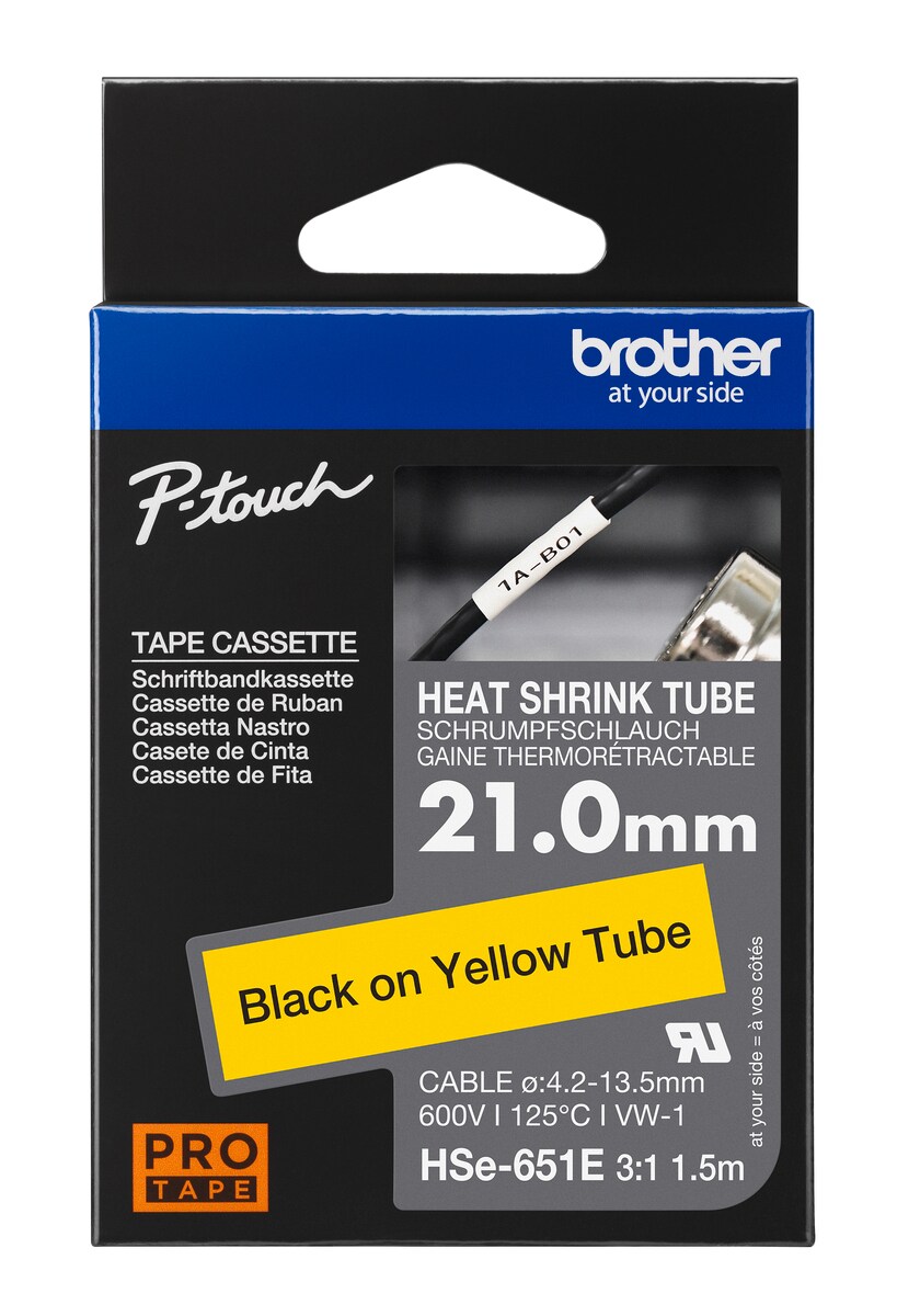 Brother HSe-651E Schrumpfschlauch schwarz auf gelb (21 mm) 