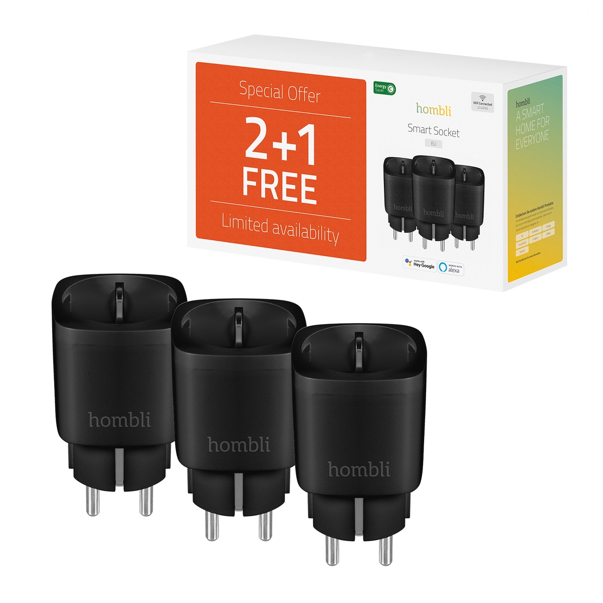 Hombli smarte Steckdose EU, schwarz, 2+1 Promo Pack 