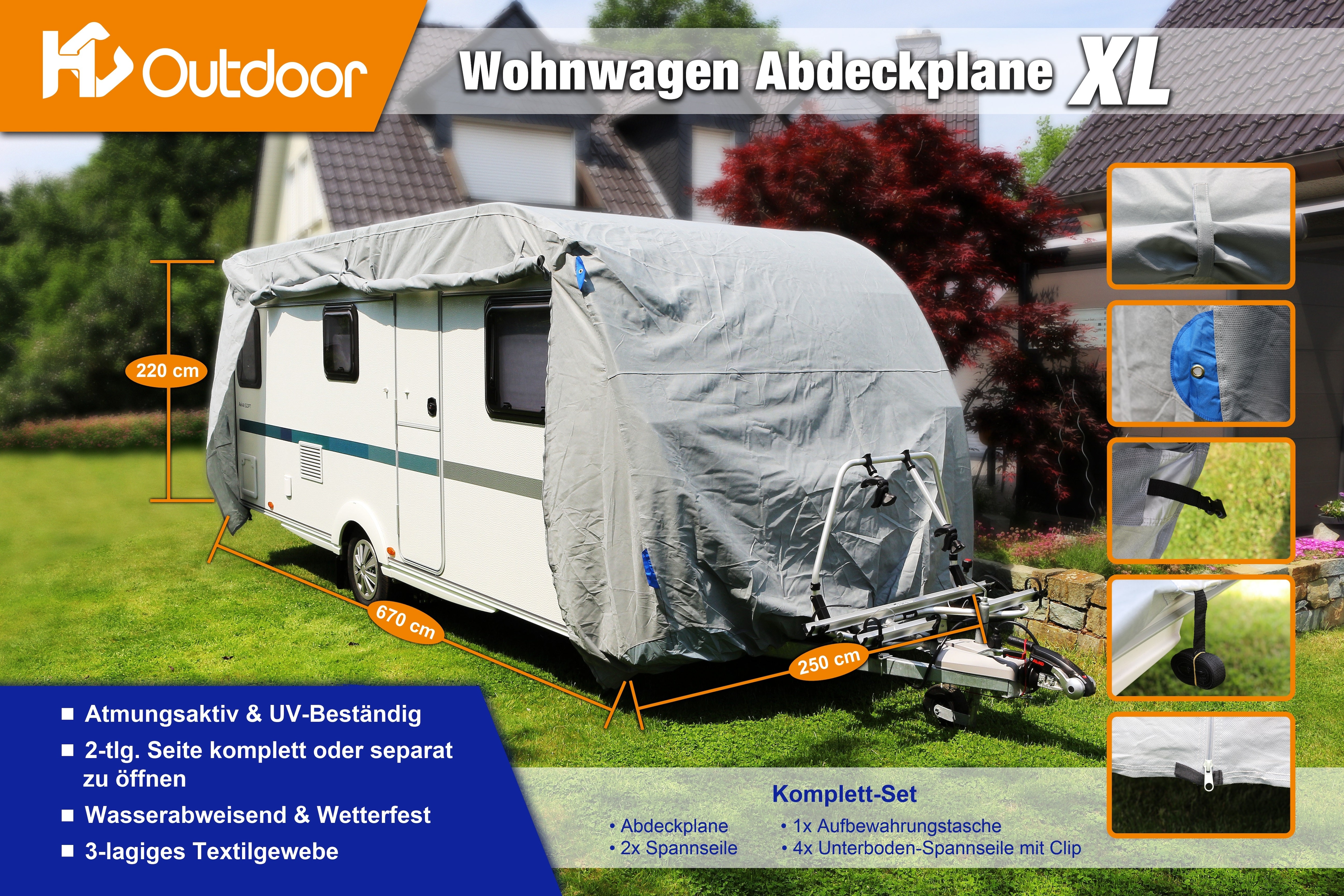 HC Outdoor Wohnwagen Abdeckplane Gr&ouml;&szlig;e XL 670 x 250 x 220 cm 