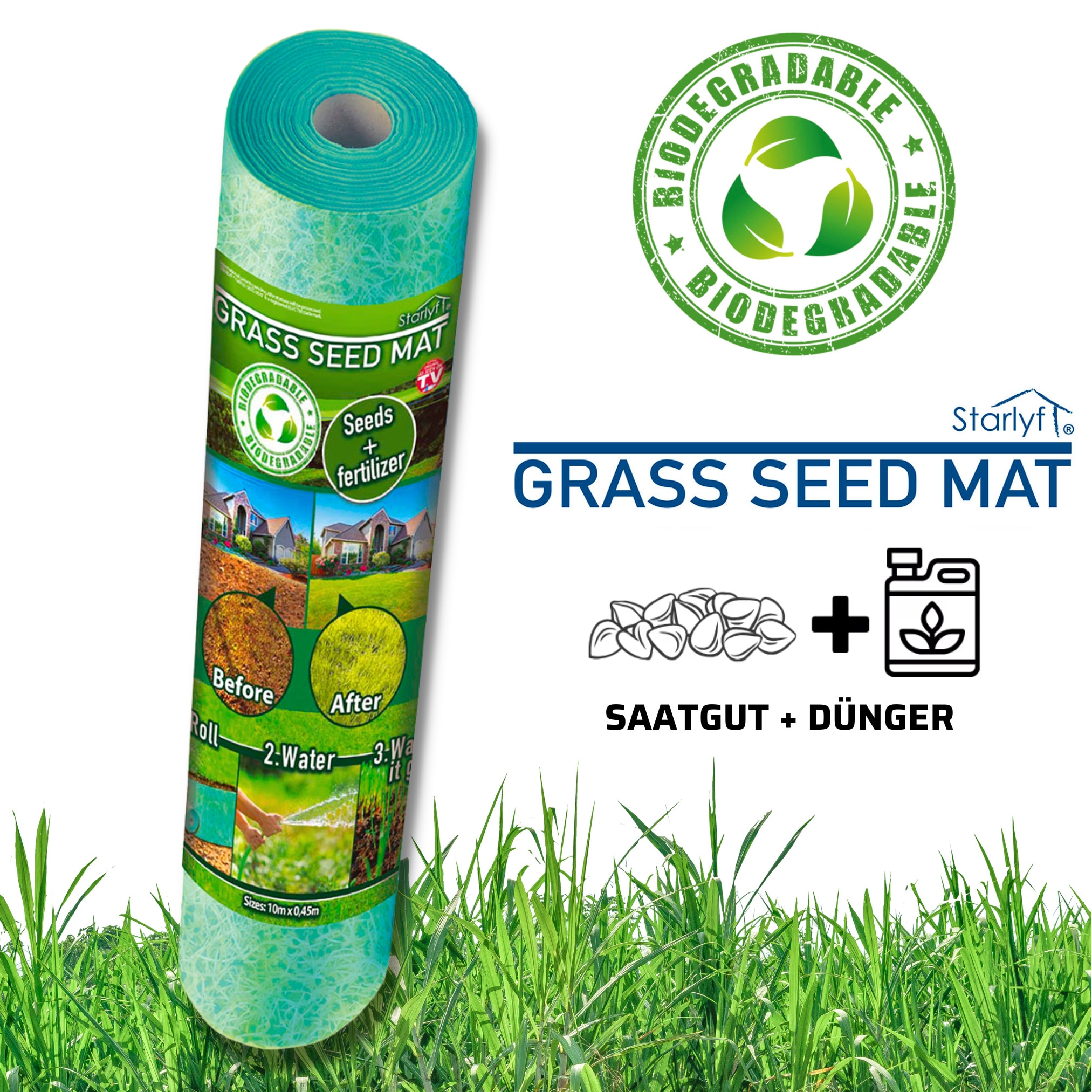 Starlyf Grassamenmatte - Rasenrolle, Rasenvlies, 10m x 0,45m - 4,5 m  Grass Seed Mat