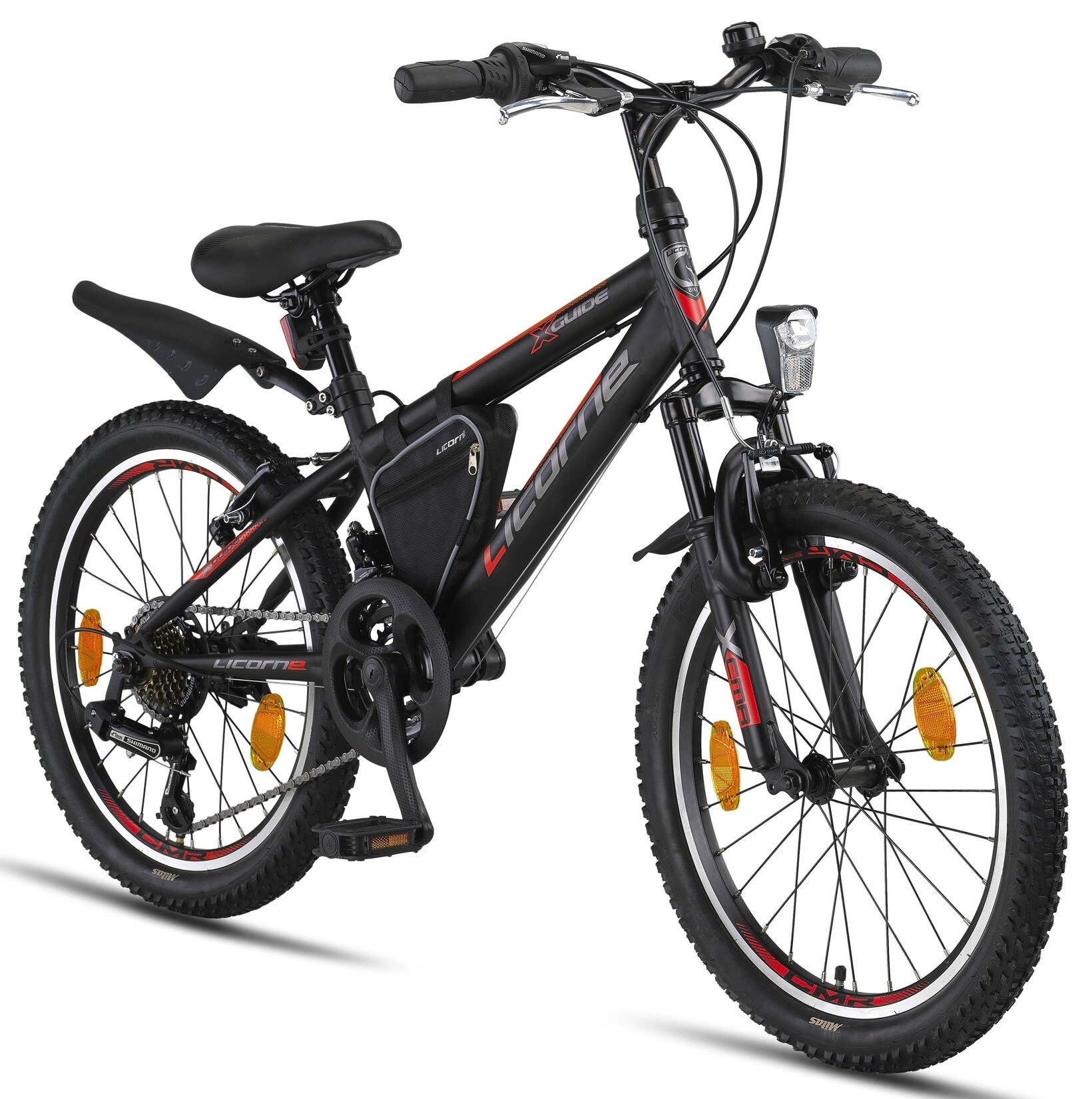 Licorne Bike Guide Premium Mountainbike in 20, 24 und 26 Zoll - Fahrrad für Mädchen, Jungen, Herren und Damen - Shimano 21 Gang-Schaltung, Kinderfahrrad, Kinder Zoll:20;Farbe:Schwarz/Rot/Grau