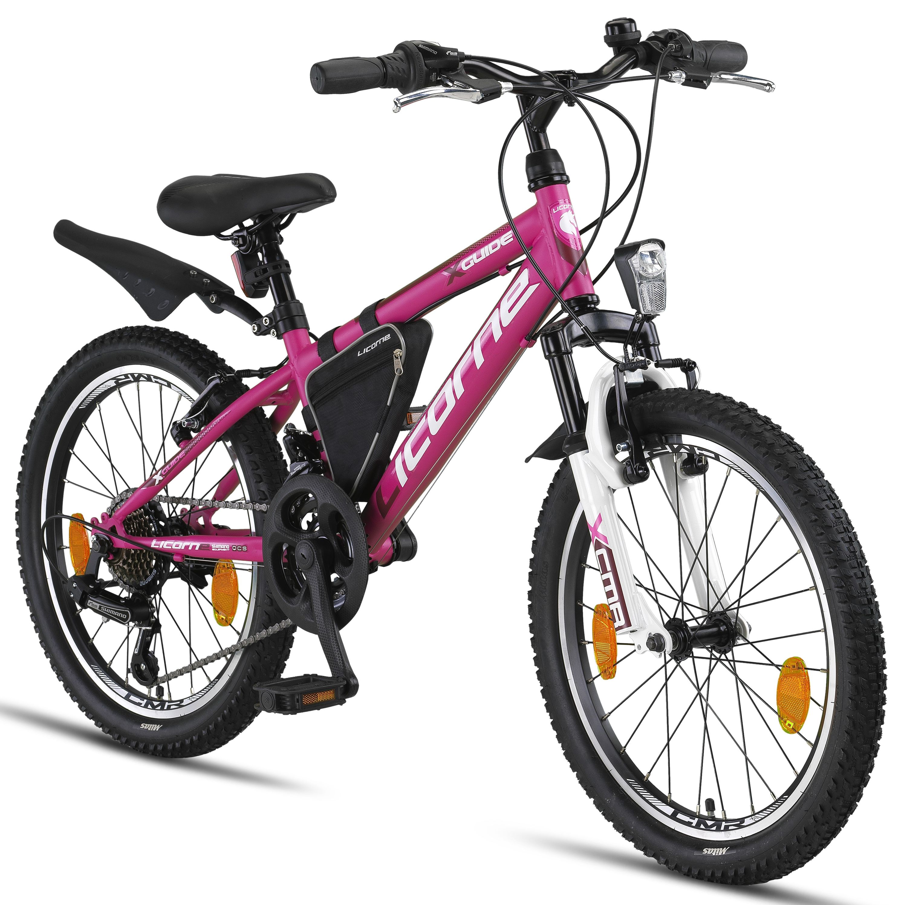 Licorne Bike Guide Premium Mountainbike in 20, 24 und 26 Zoll - Fahrrad f&uuml;r M&auml;dchen, Jungen, Herren und Damen - Shimano 21 Gang-Schaltung, Kinderfahrrad, Kinder Zoll:20;Farbe:Rosa/Wei&szlig; 
