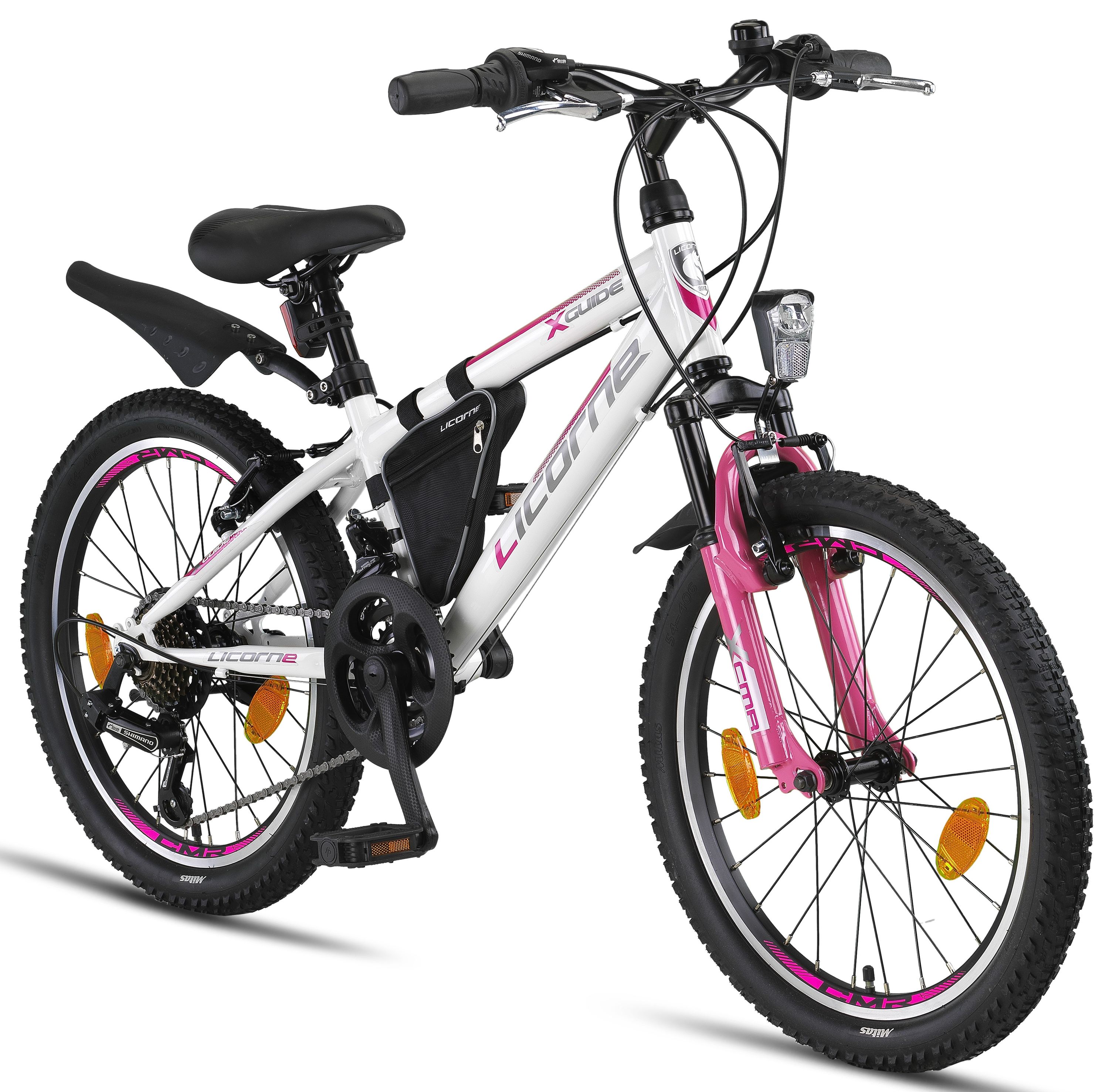 Licorne Bike Guide Premium Mountainbike in 20, 24 und 26 Zoll - Fahrrad f&uuml;r M&auml;dchen, Jungen, Herren und Damen - Shimano 21 Gang-Schaltung, Kinderfahrrad, Kinder Zoll:20;Farbe:Wei&szlig;/Rosa 