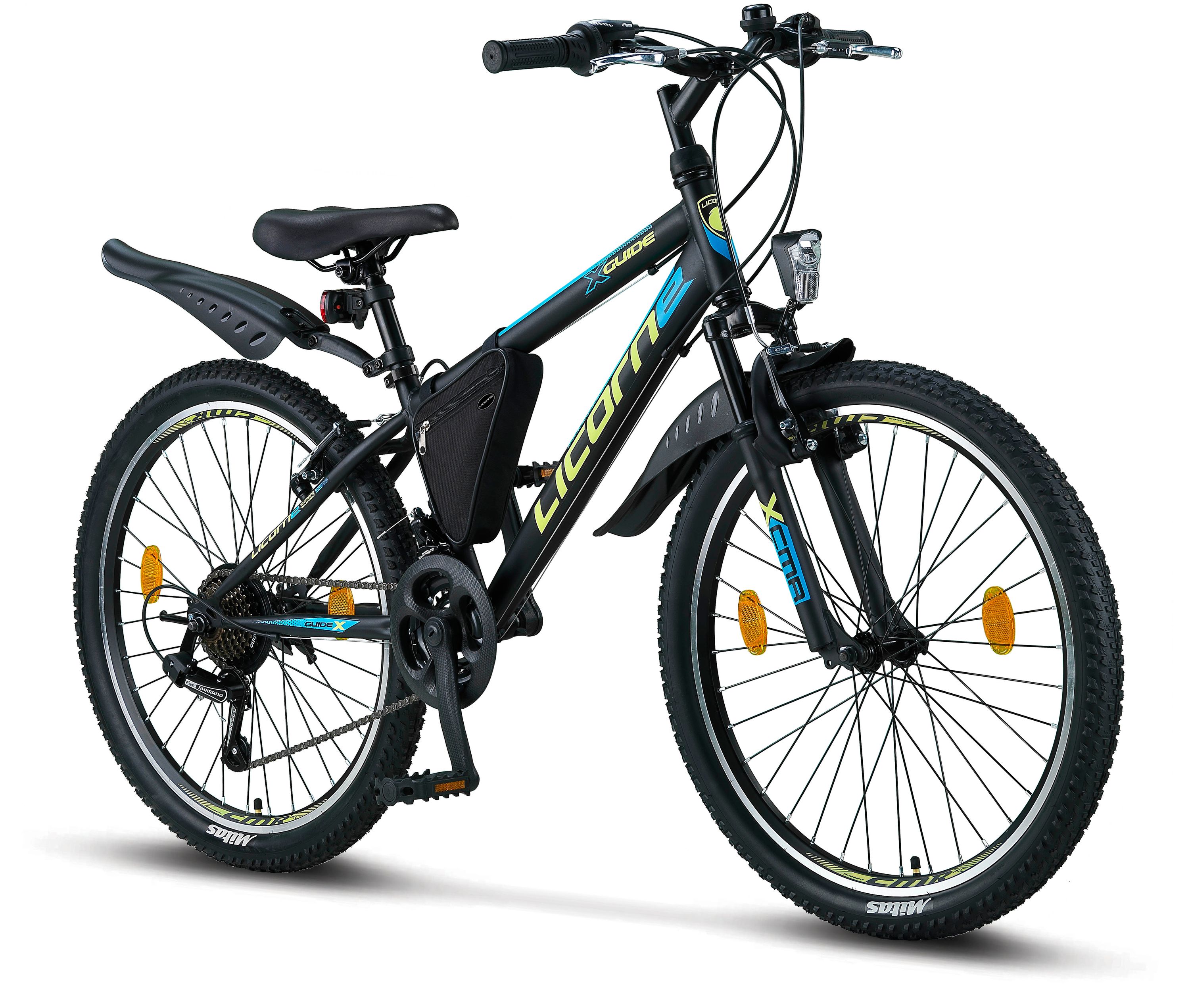 Licorne Bike Guide Premium Mountainbike in 20, 24 und 26 Zoll - Fahrrad f&uuml;r M&auml;dchen, Jungen, Herren und Damen - Shimano 21 Gang-Schaltung, Kinderfahrrad, Kinder Farbe:Schwarz/Blau/Lime;Zoll:24 